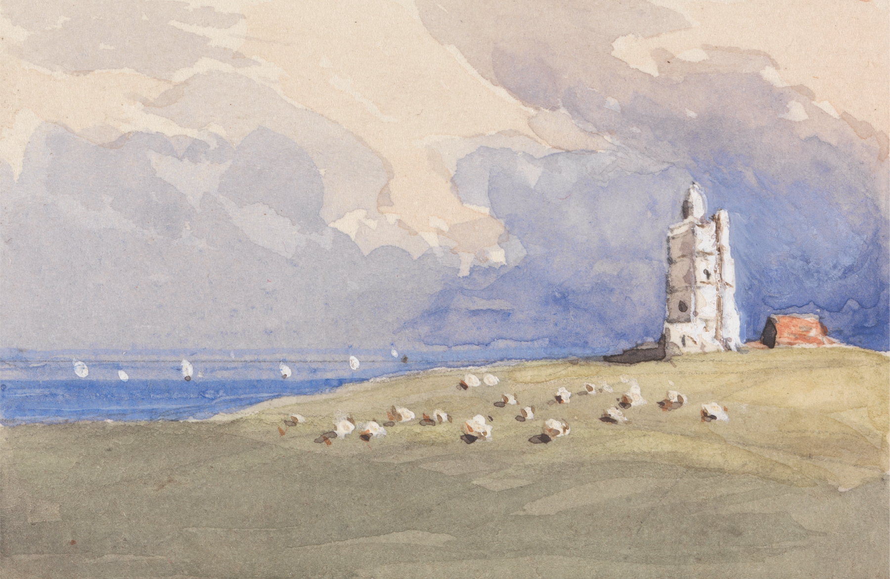 North Foreland Lighthouse oil painting by George Jackson with stormy sky and crashing waves