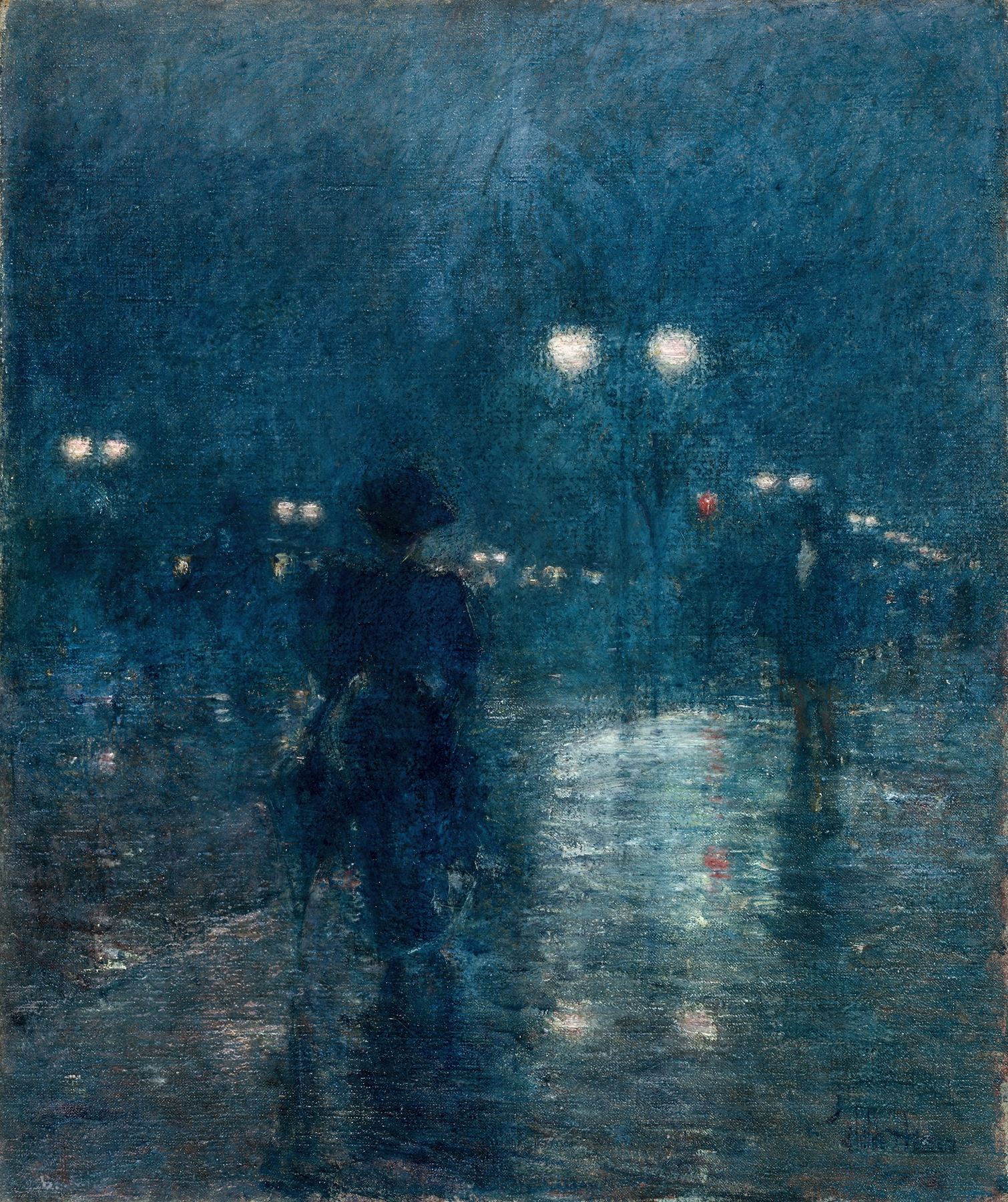 Fifth Avenue Nocturne by Childe Hassam, oil on canvas depicting a quiet street with street lamps.