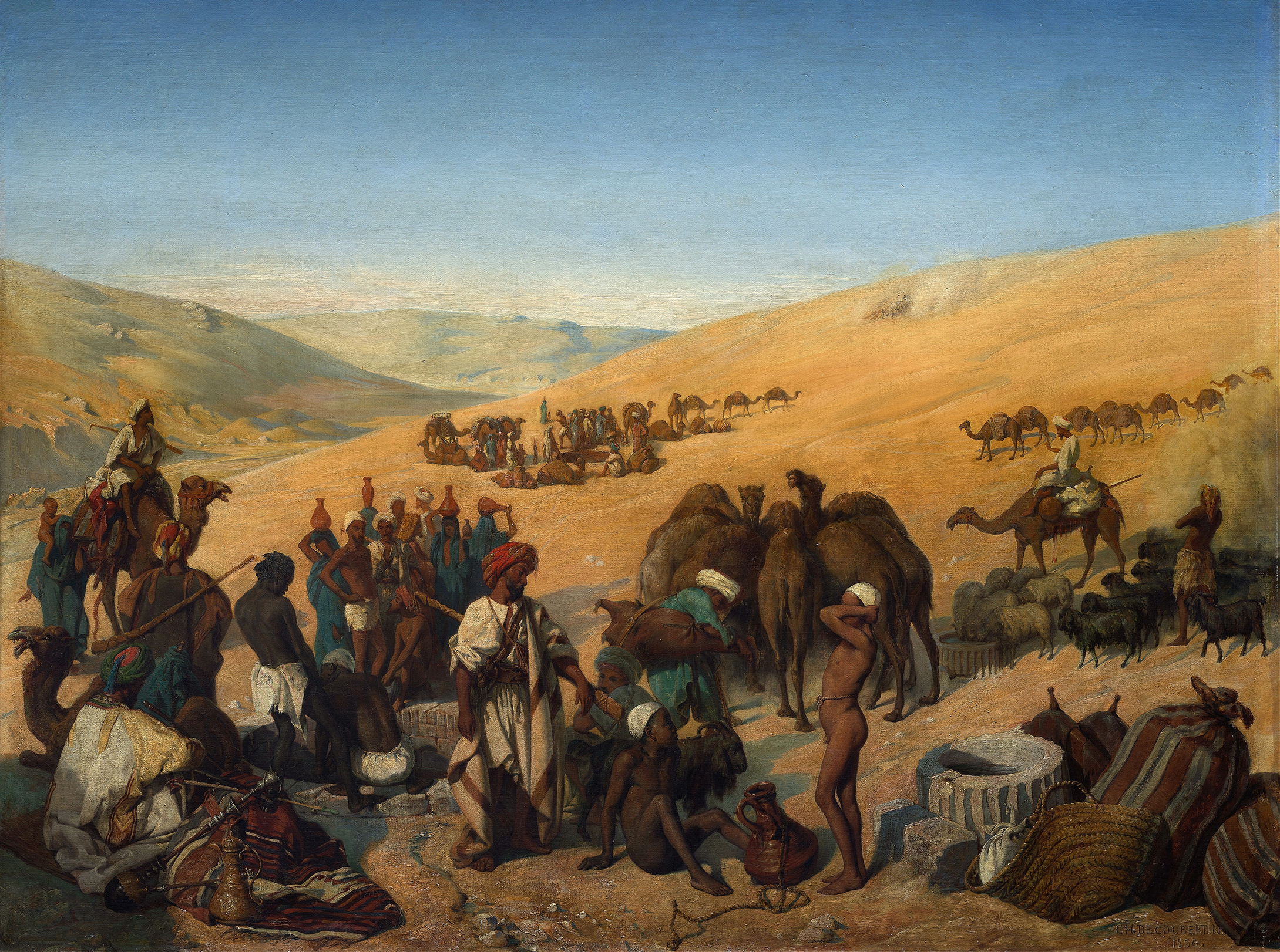 Desert landscape with caravans and wells, oil painting by Charles de Coubertin