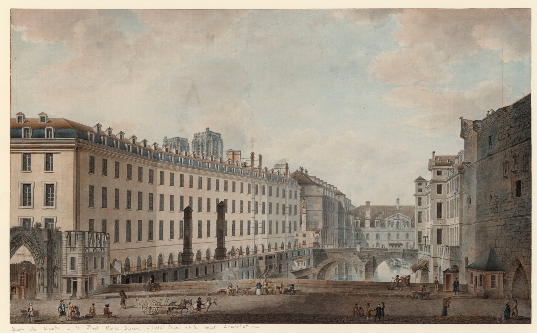 Watercolour by Victor-Jean Nicolle depicting a bridge over the Seine.