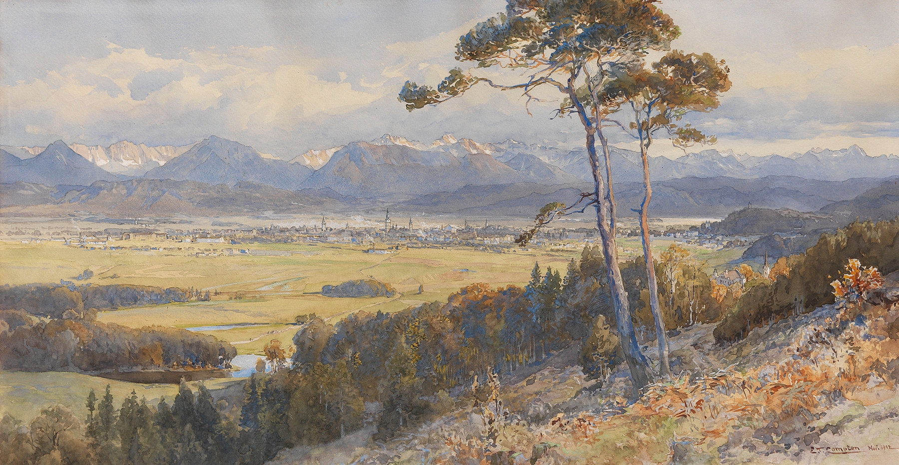 Landscape with a lake and mountains by Edward Theodore Compton, oil painting