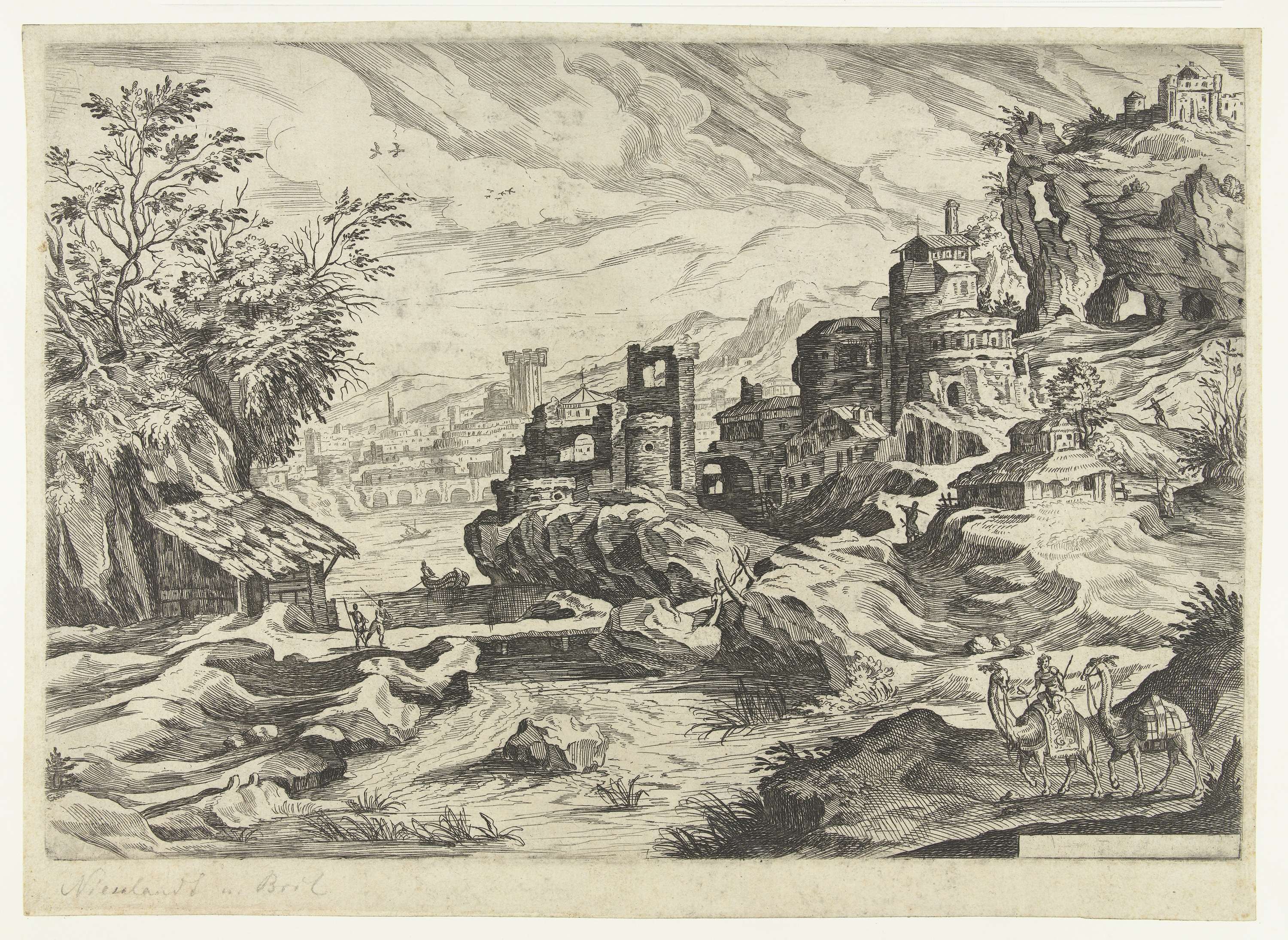 Rotskust met stad en man met twee kamelen of dromedarissen, by Paul Bril, public domain