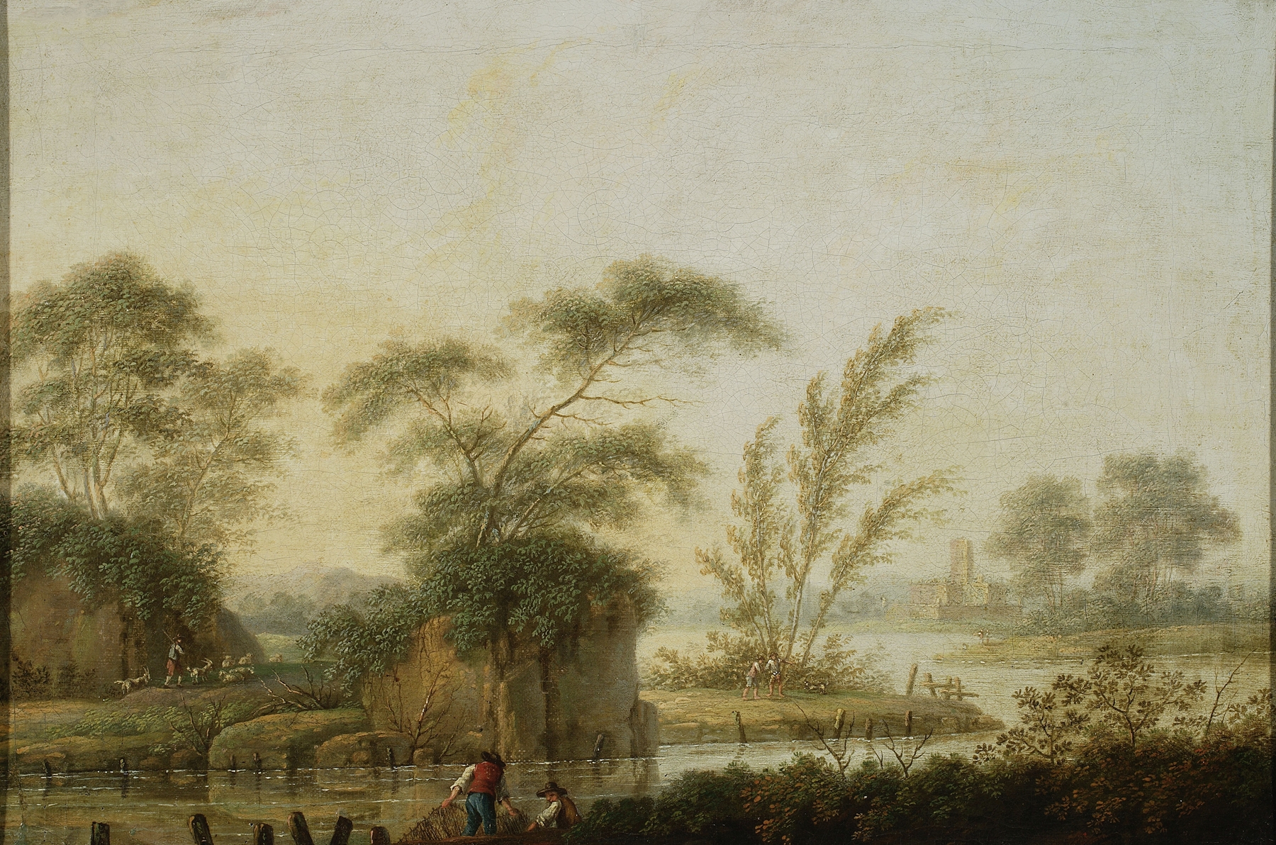 Landscape by Jan Ścisło, depicting fishermen at the river, Rococo style