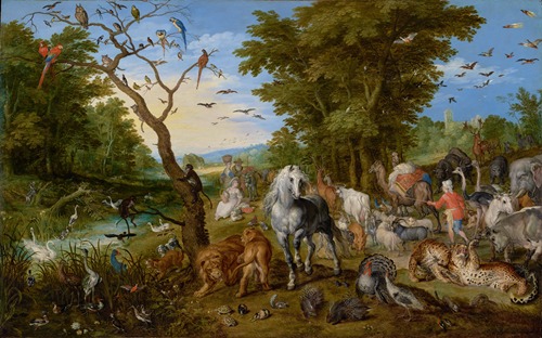 Jan Brueghel the Elder's painting depicts animals entering Noah's Ark.
