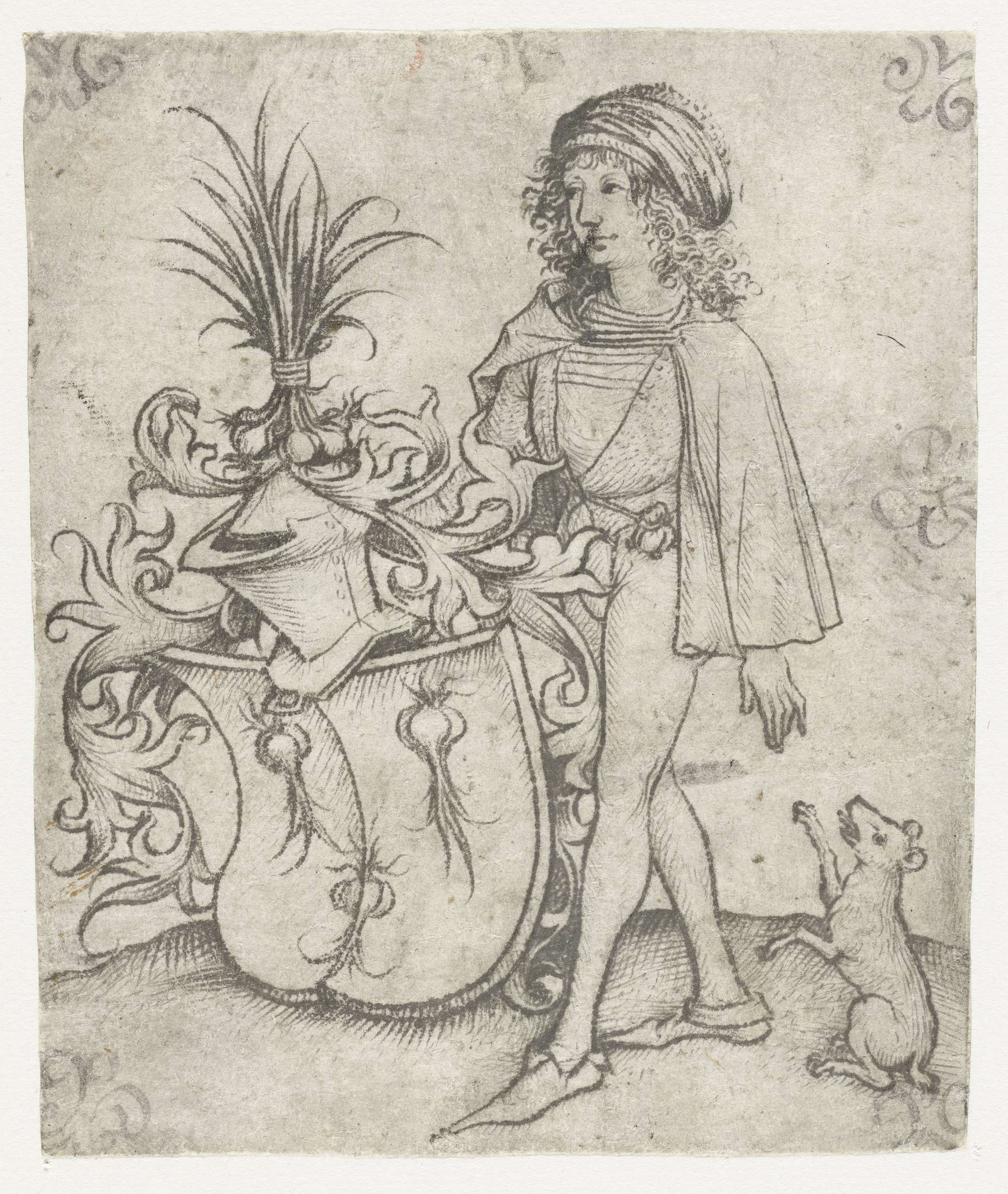 Portrait of a young man with garlic on his shield, drypoint by Meester van het Amsterdamse Kabinet