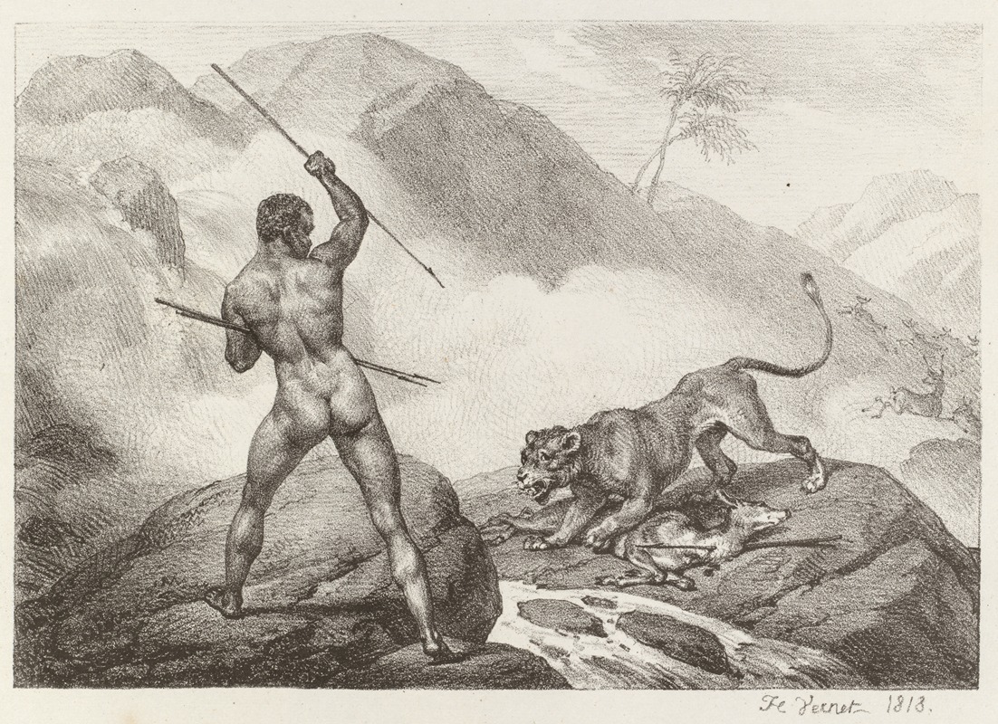 A depiction of an African hunter by Horace Vernet showcasing vibrant colors and intricate details.
