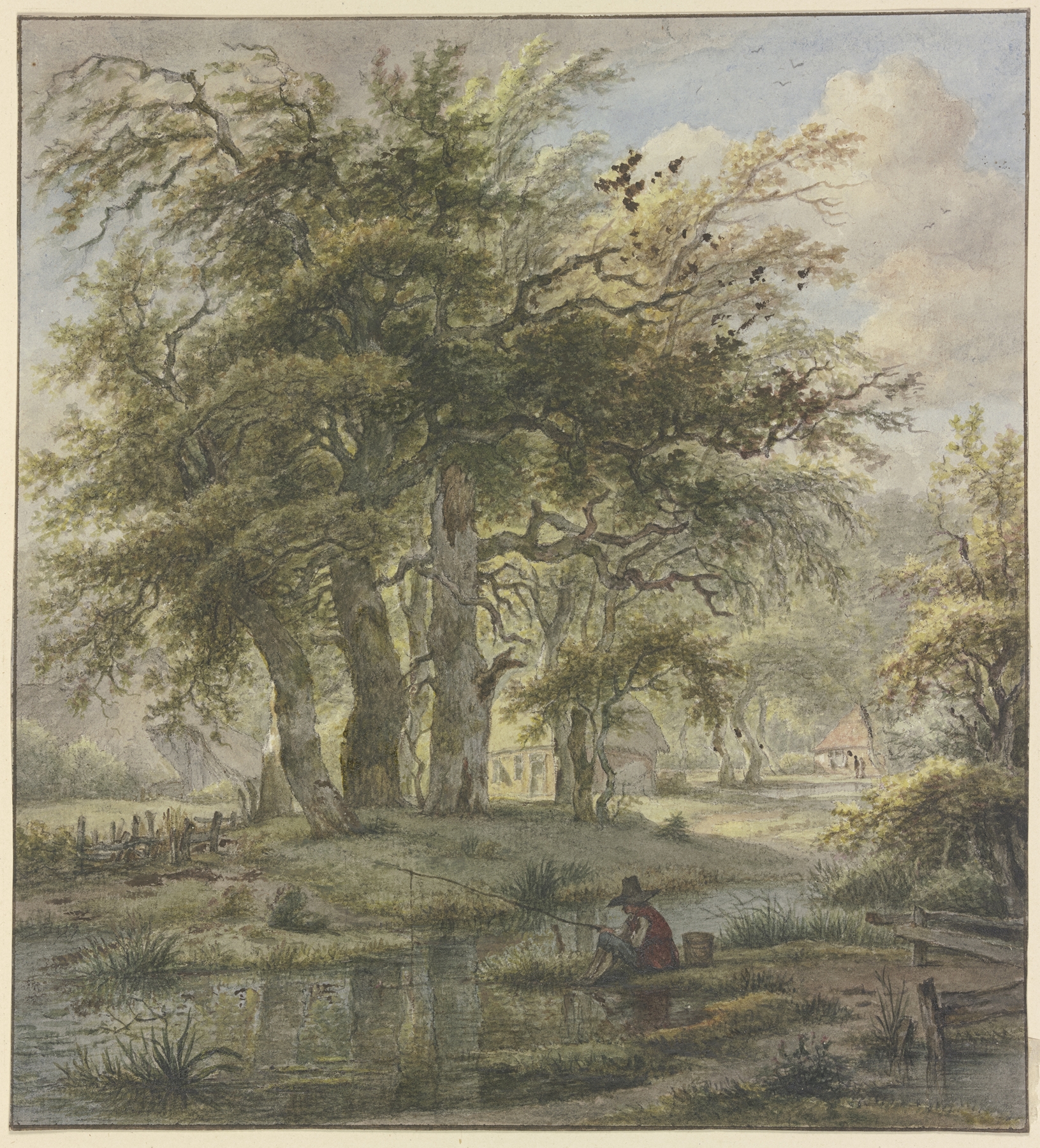 Eichenwald mit einigen Hütten, im Vordergrund ein Angler, by Jan Hulswit, public domain