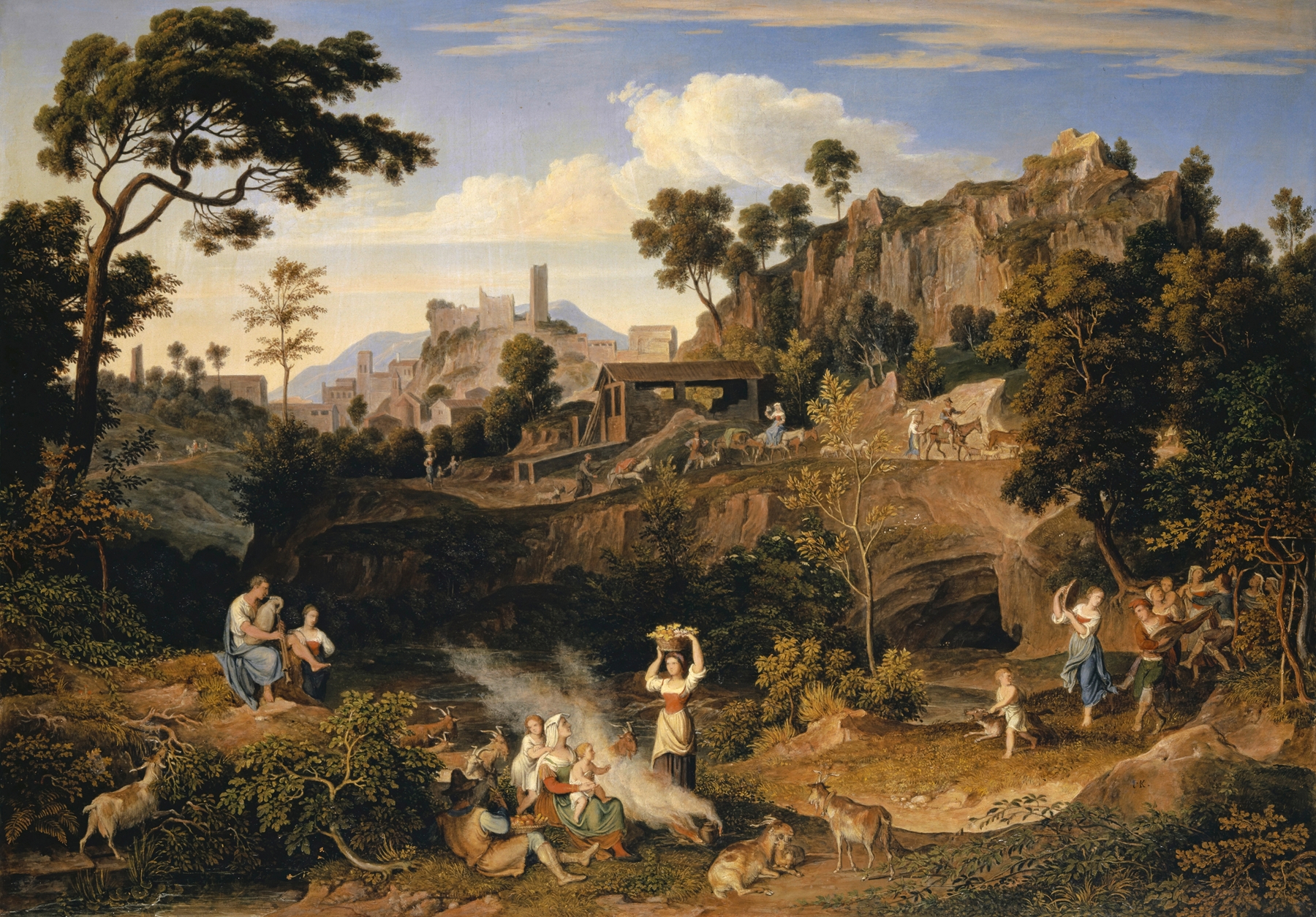 Genre scene with dancing peasants in a landscape, oil painting by Joseph Anton Koch