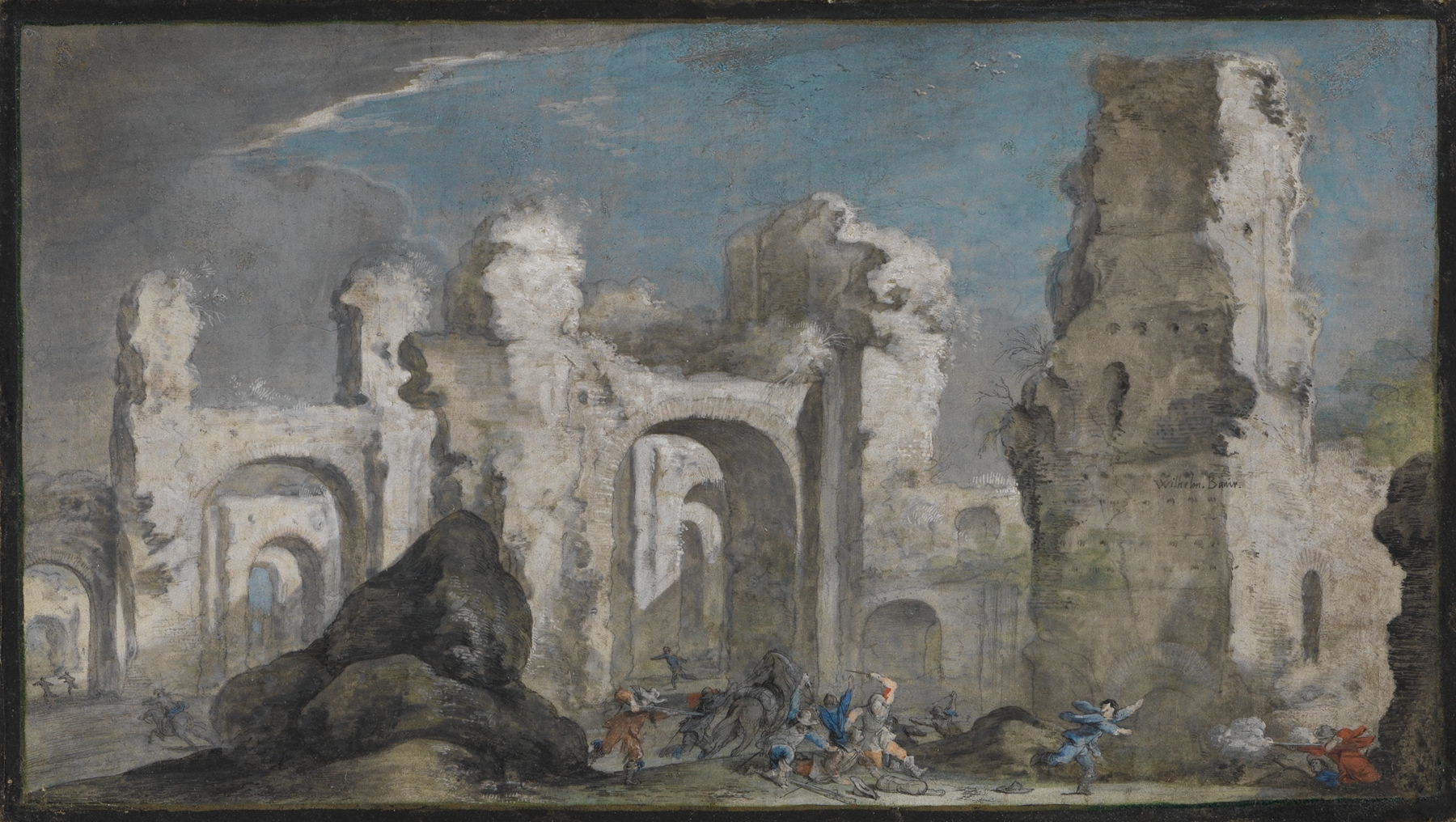 Römische Ruinen mit Überfall by Johann Wilhelm Baur, oil on canvas depicting classical ruins under a stormy sky.