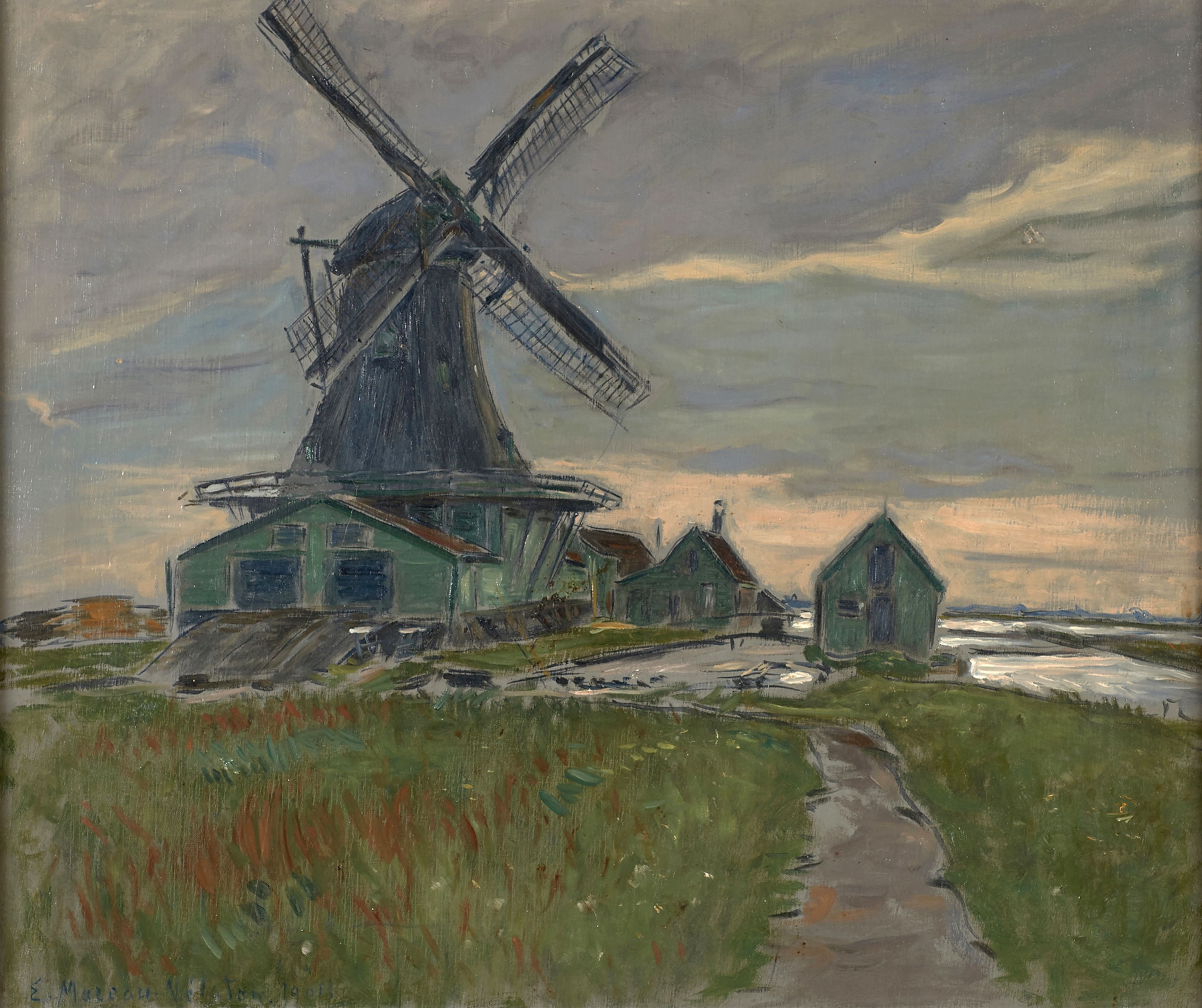 Landscape with a windmill and fields by Etienne Moreau-Nélaton, oil painting