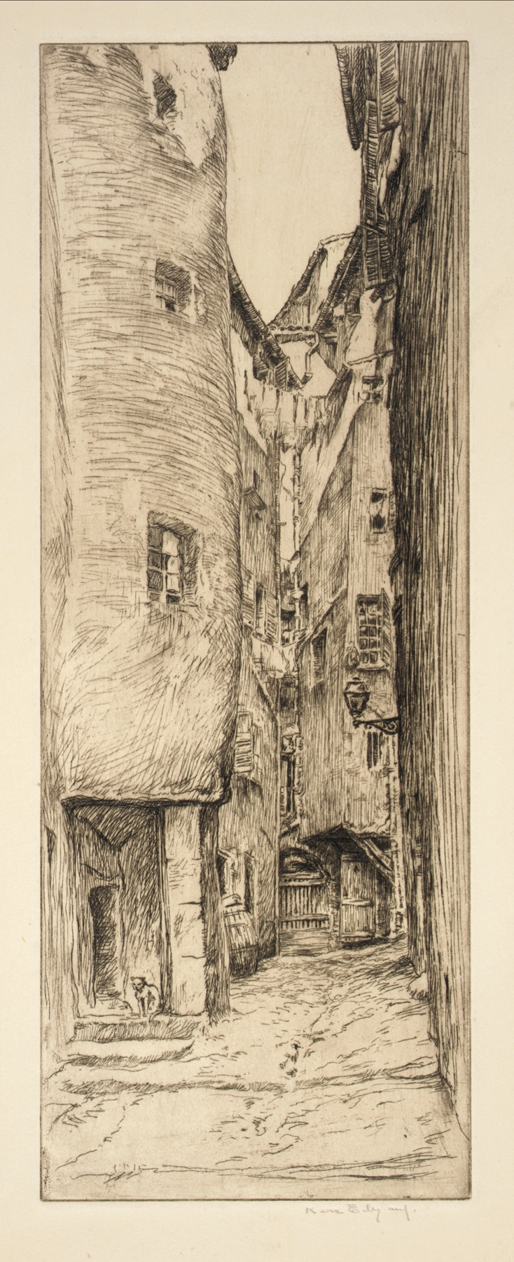 Back Street etching by Kerr Eby depicting an urban landscape with light and shadows.