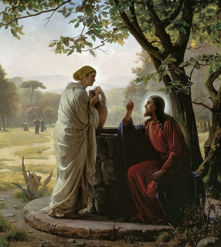 Carl Bloch's 'Woman at the Well' depicts a serene moment of a woman drawing water.