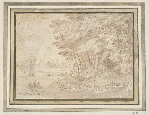A serene scene of people embarking in boats along a wooded shore.