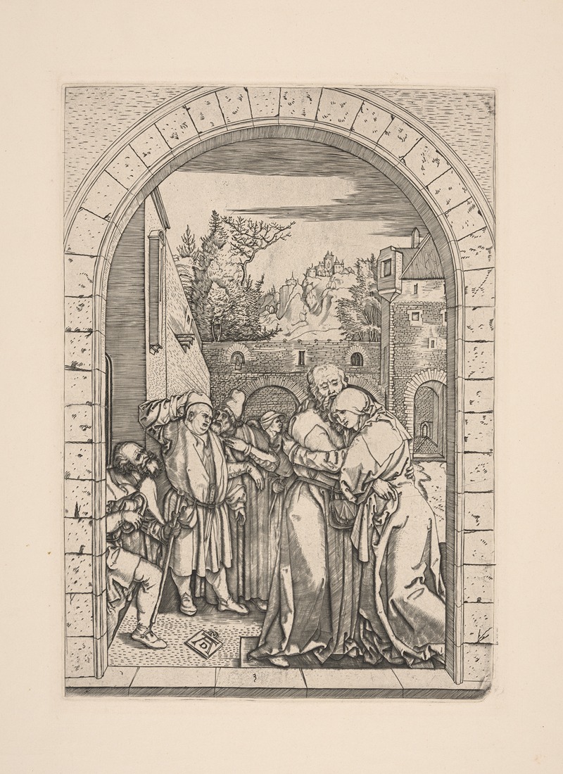 Albrecht Dürer's 'The Meeting of Joachim and Anne at the Golden Gate' depicts a significant biblical moment.