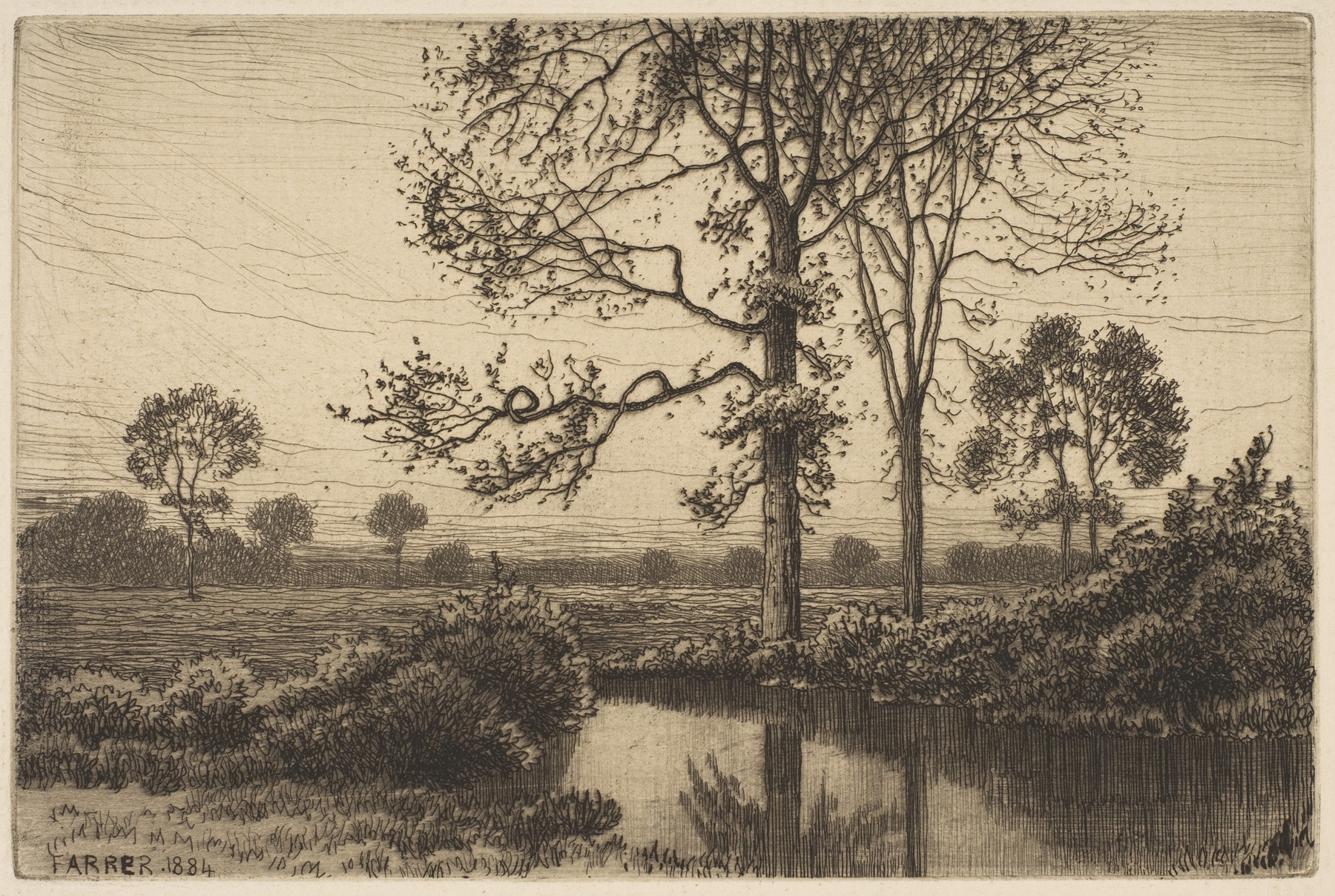 Autumn’s Grey and Melancholy by Henry Farrer, oil painting depicting a tranquil autumn landscape.