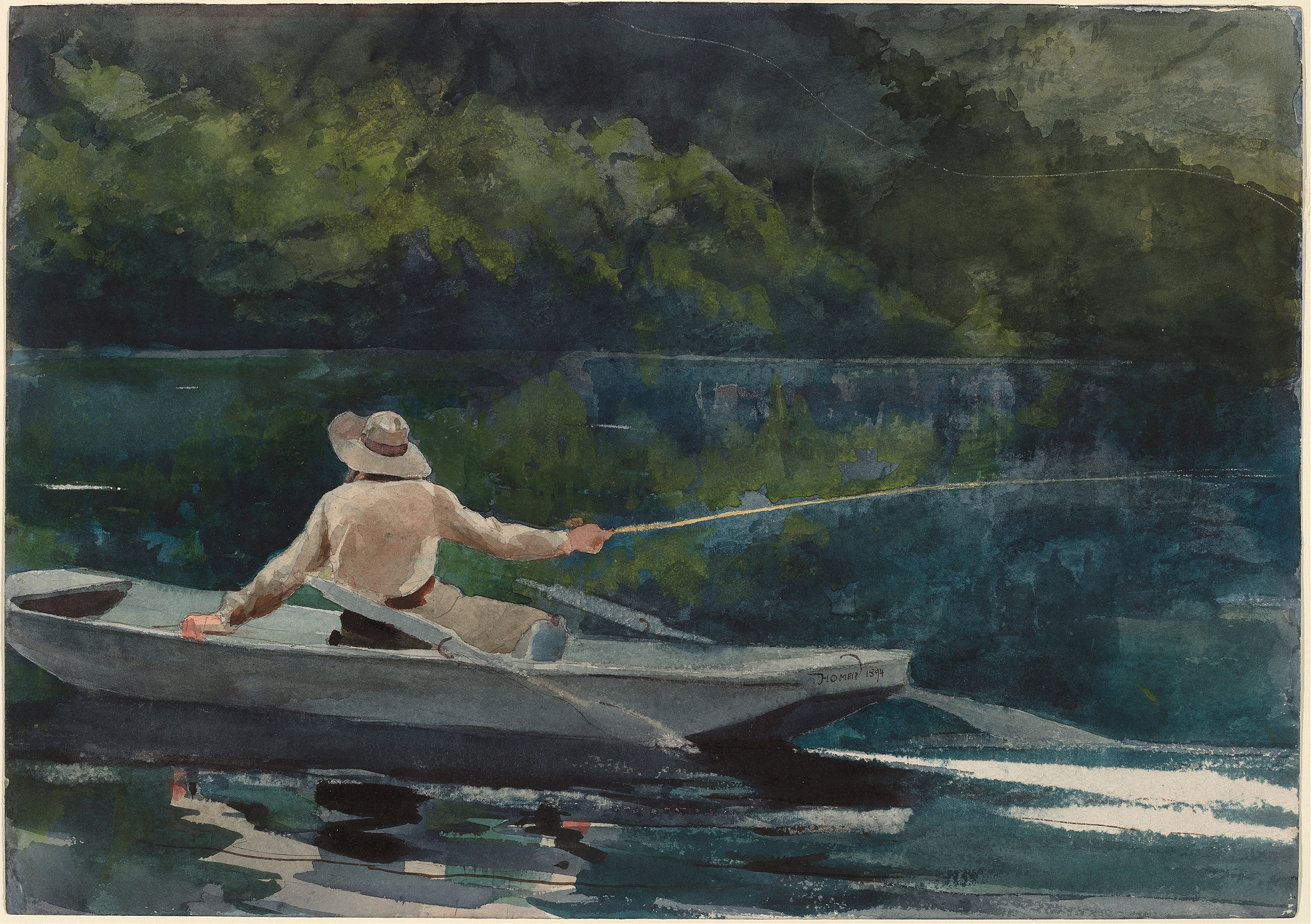 Casting, Number Two by Winslow Homer, watercolor on paper, depicting shimmering water and sunlight