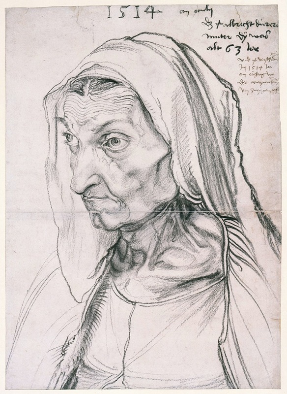 A portrait of Barbara Dürer, the artist's mother, showcasing detailed features and a warm color palette.