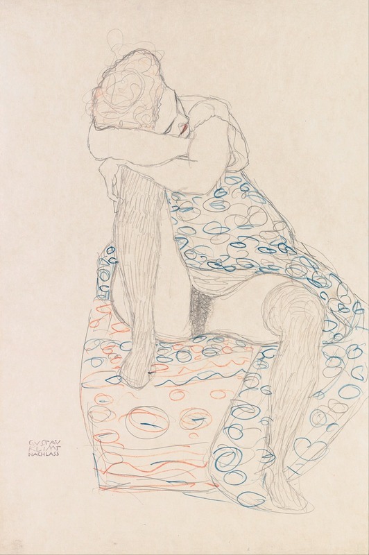 Gustav Klimt's 'Seated Figure with Gathered up Skirt' showcases a woman in a decorative style.