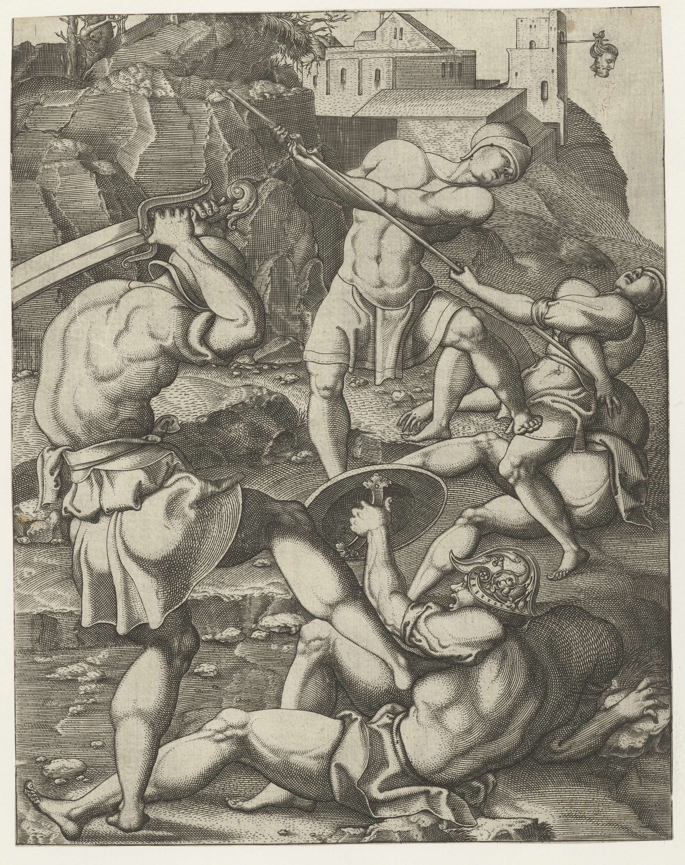 Engraving by Monogrammist AC showing five Roman soldiers in battle