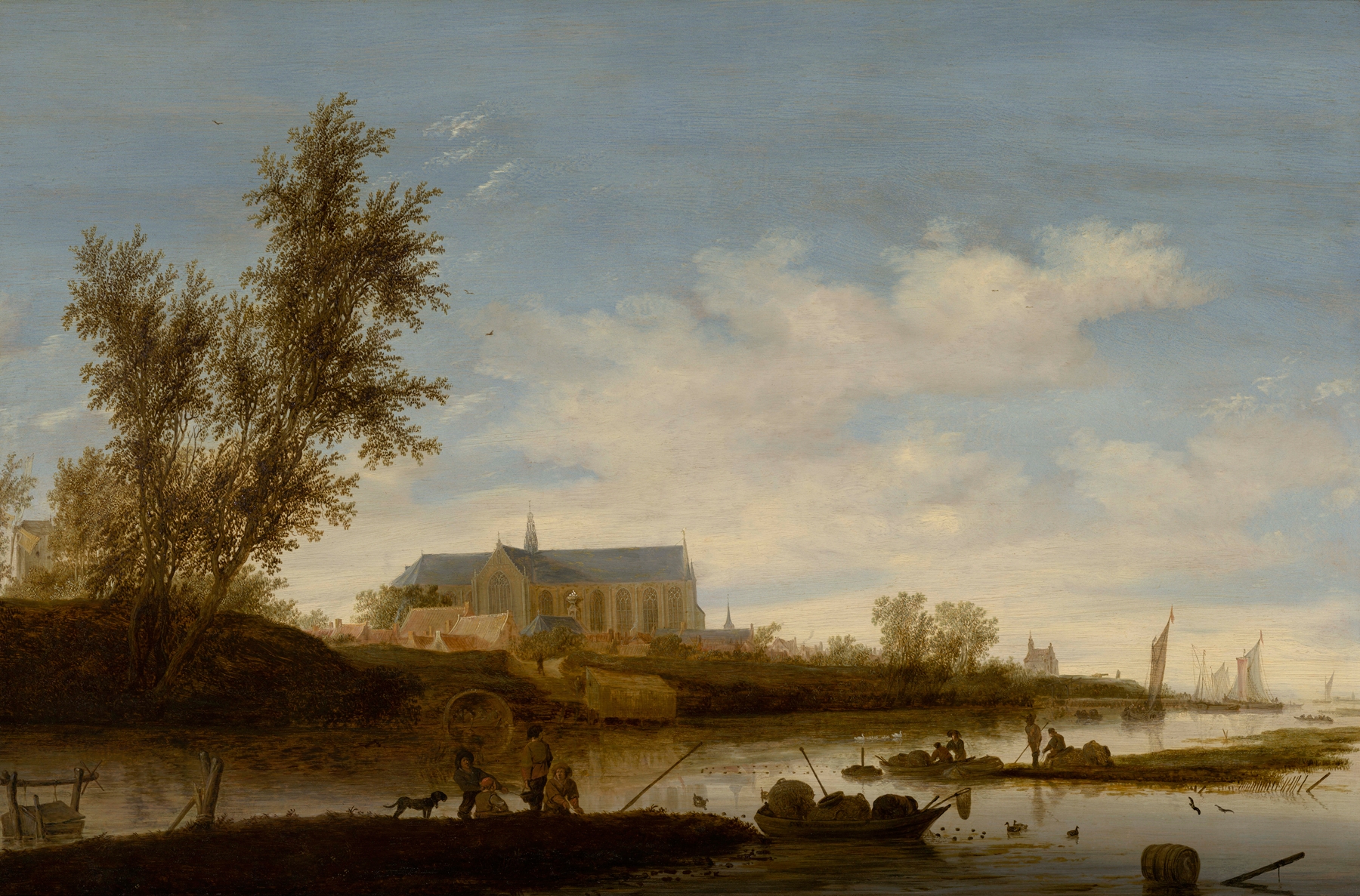 River landscape with fishermen in the foreground, the Laurenskerk in Alkmaar beyond, by Salomon van Ruysdael, public domain