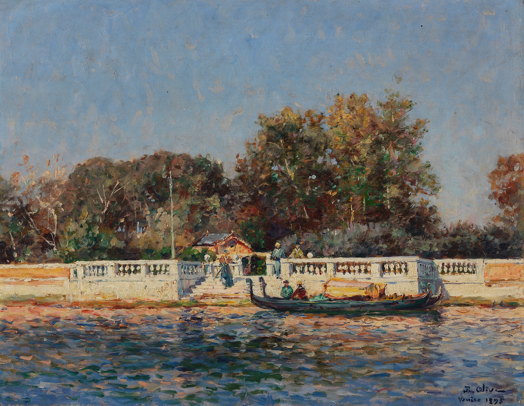 Landscape of a park with canal and foliage, oil painting by Jean-Baptiste Olive