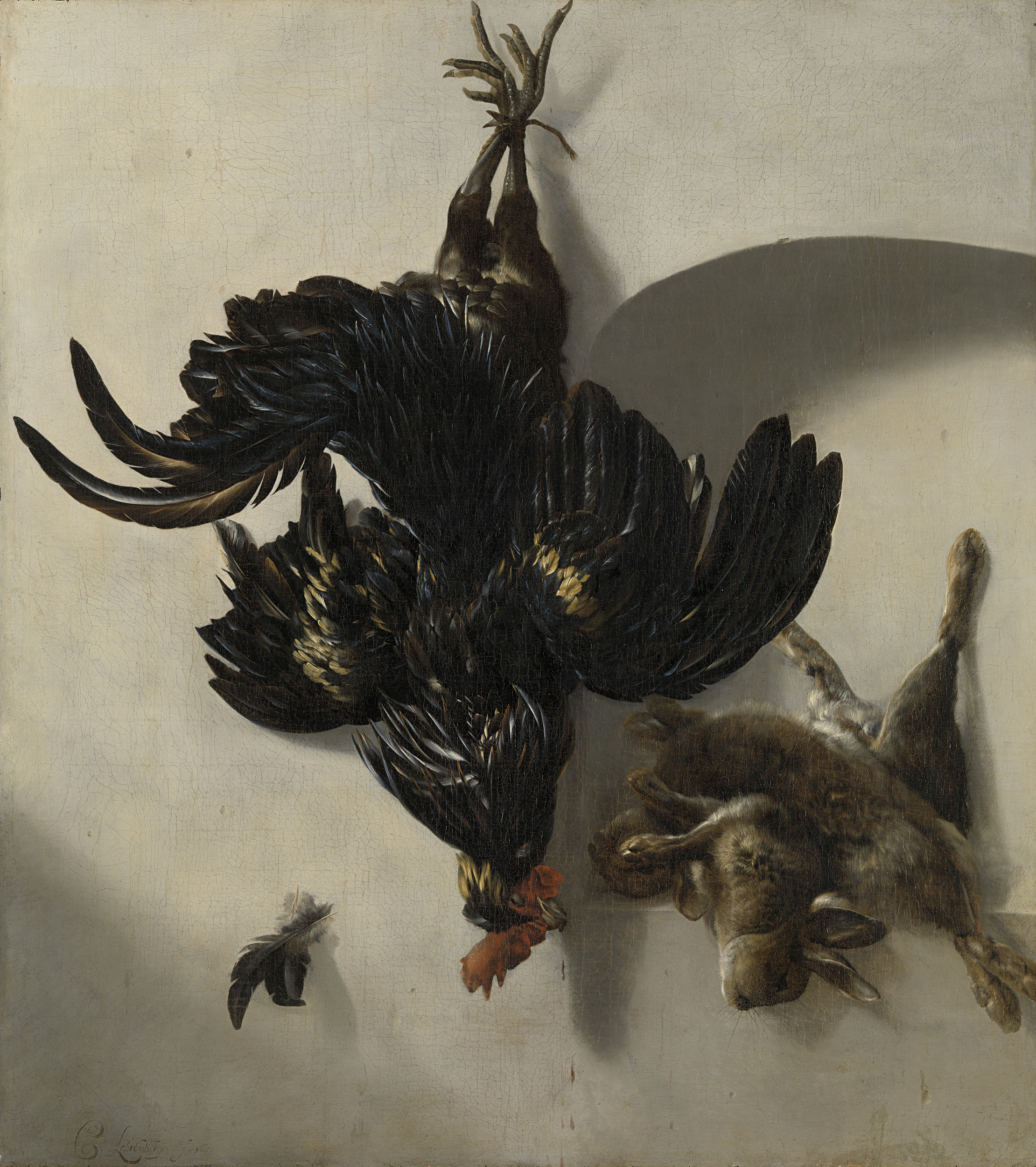 Still life oil painting by Cornelis Lelienbergh featuring a black rooster and two rabbits.