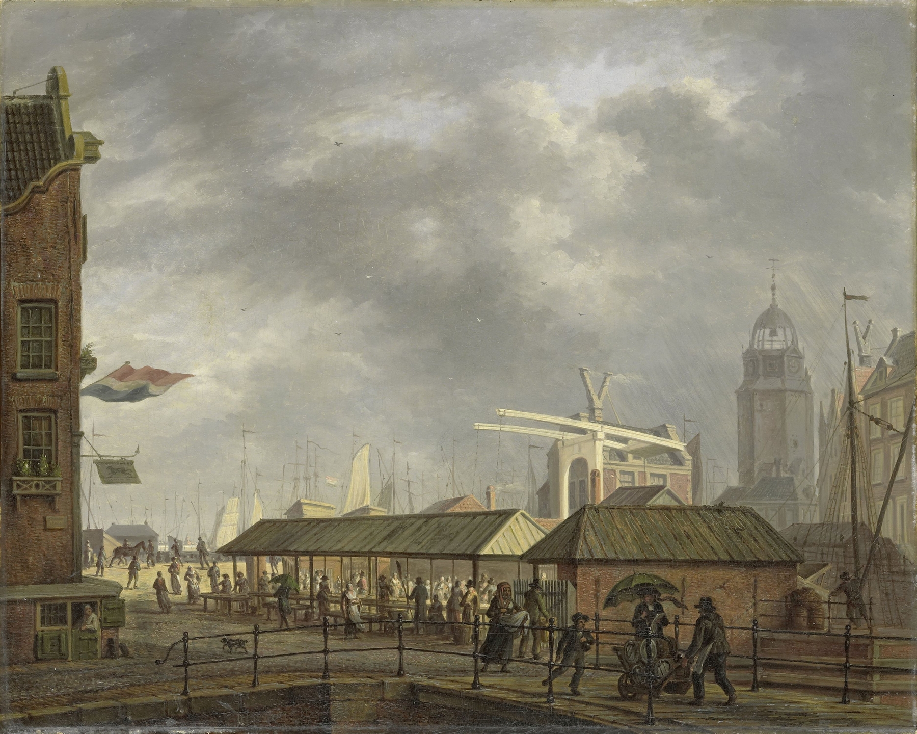 Oil painting by Johannes Jelgerhuis depicting a bustling fish market in Amsterdam