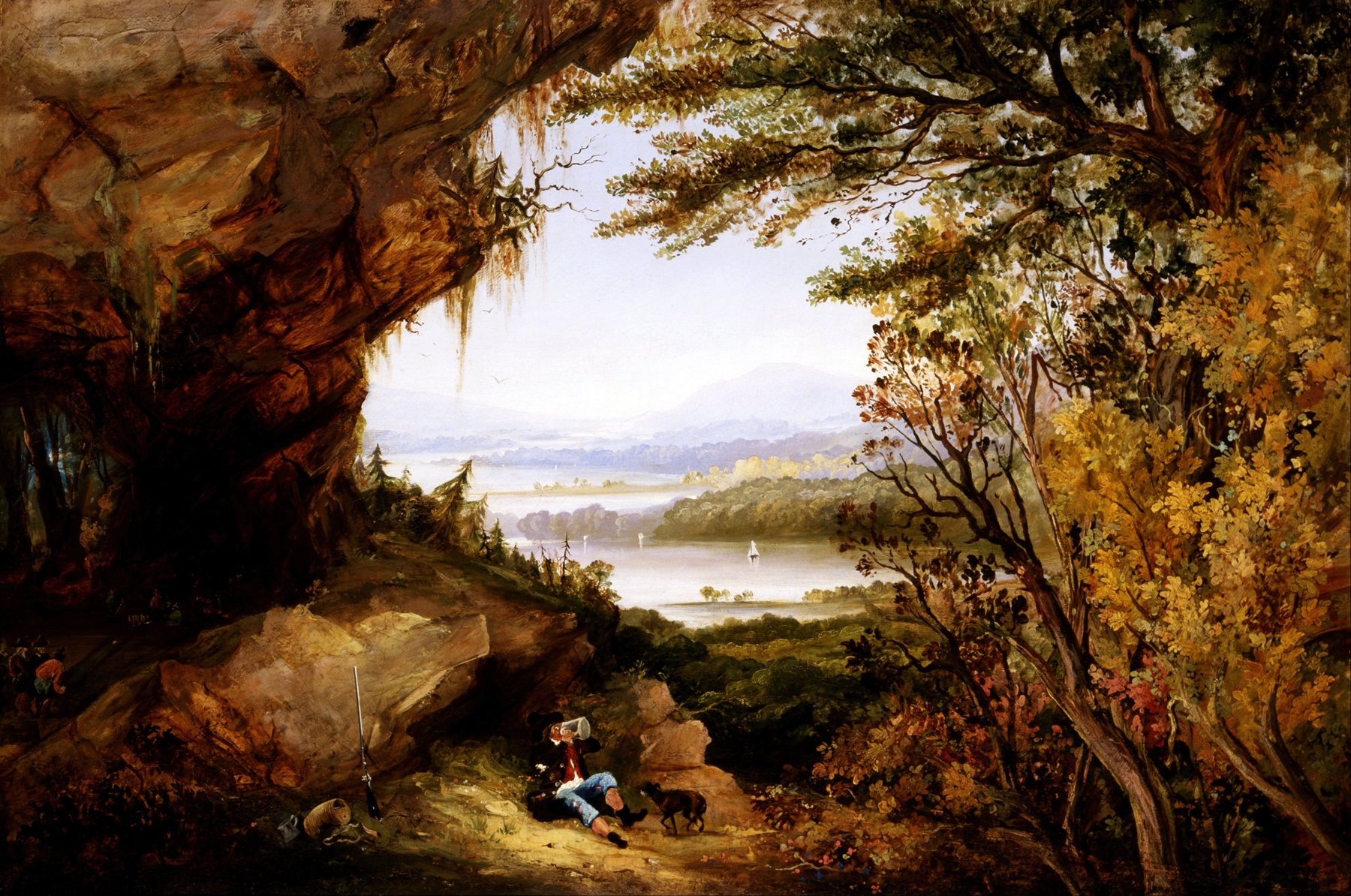 Landscape depicting a river at sunset by James Hamilton, oil painting