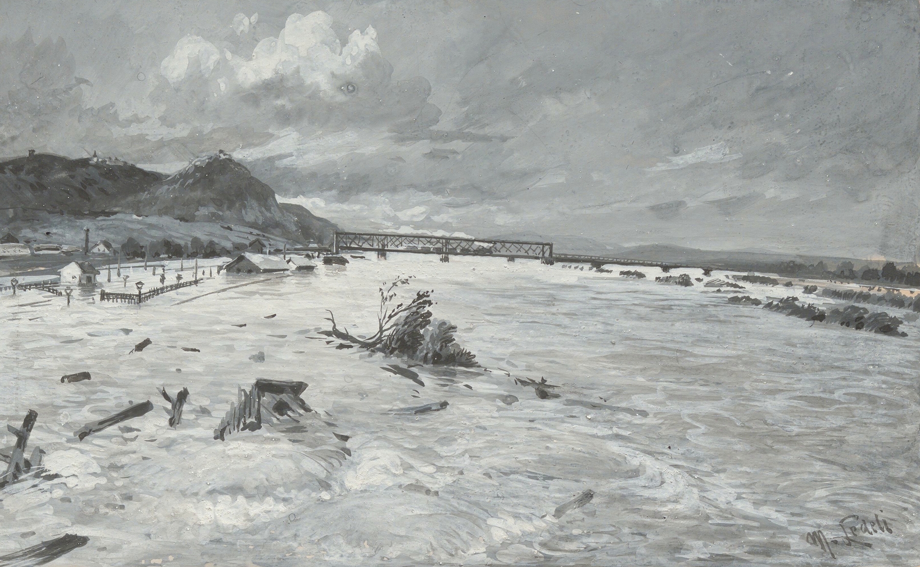 Flooded landscape with a village by Moritz Ledeli, oil painting