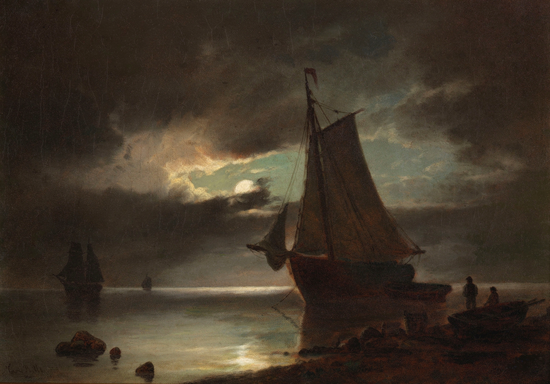 Marine scene with moonlight over waves by Carl Bille, oil painting