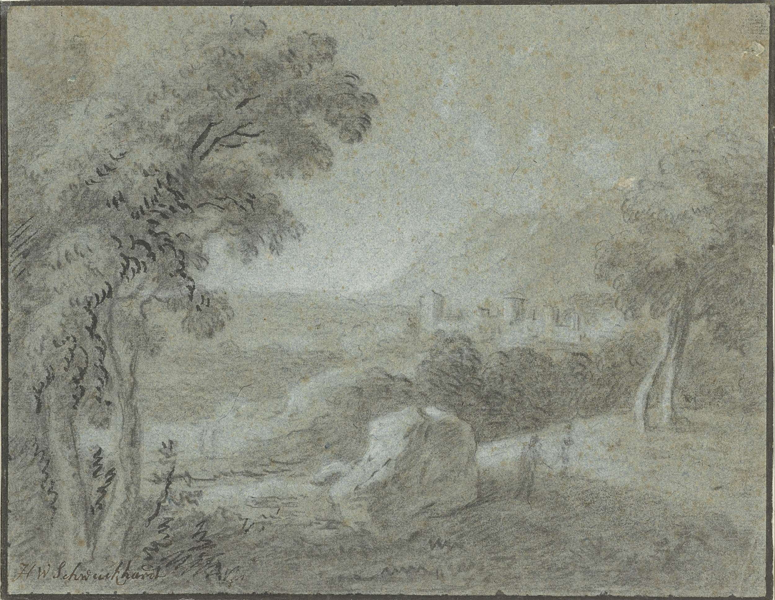 Landscape with hills and a distant city, oil on canvas by Hendrik Willem Schweickhardt