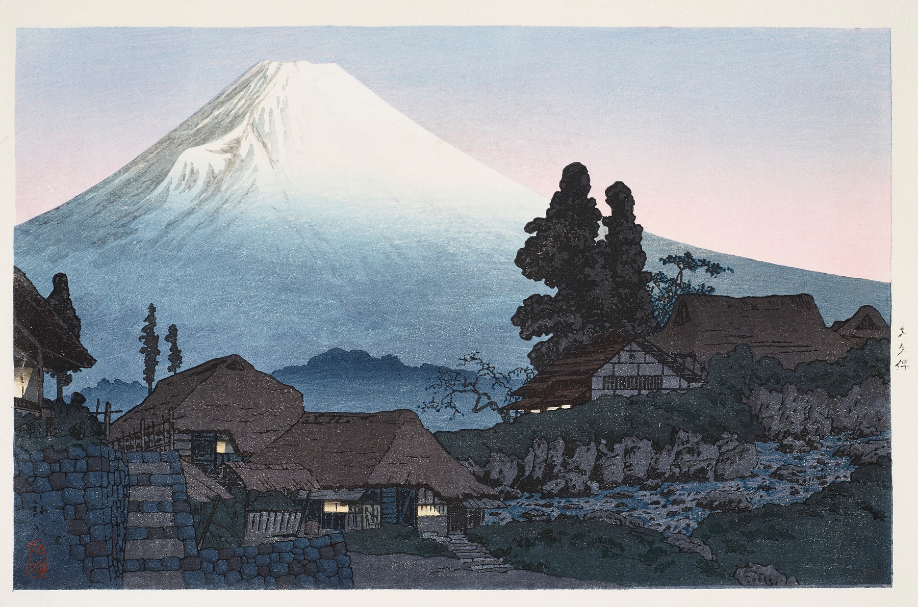 Color woodblock print of Mount Fuji by Takahashi Hiroaki, depicting a serene dawn landscape.