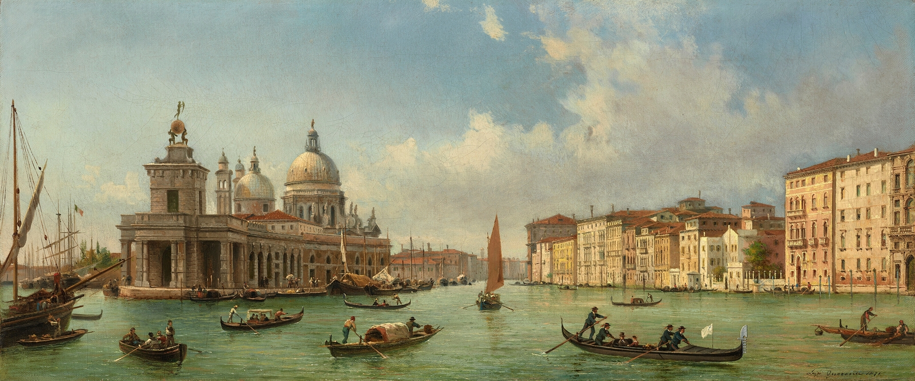 Gondolas and boats on the Molo, oil on canvas by Luigi Querena