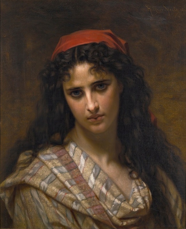A woman with delicate features and long brown hair gazes softly at the viewer, wearing a flowing white dress.