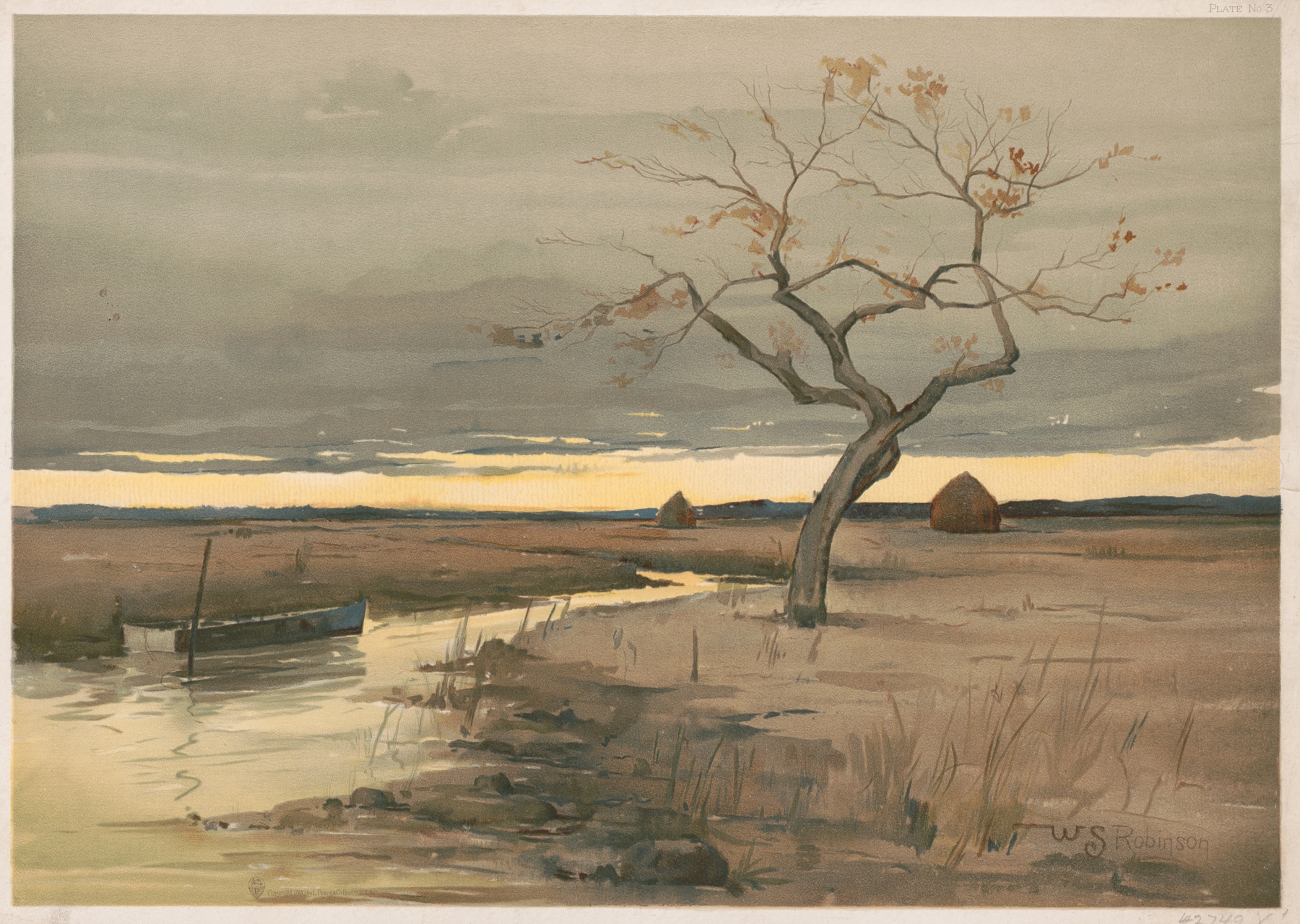 Watercolour by Will S. Robinson depicting a landscape with soft light and a canopy of leaves.