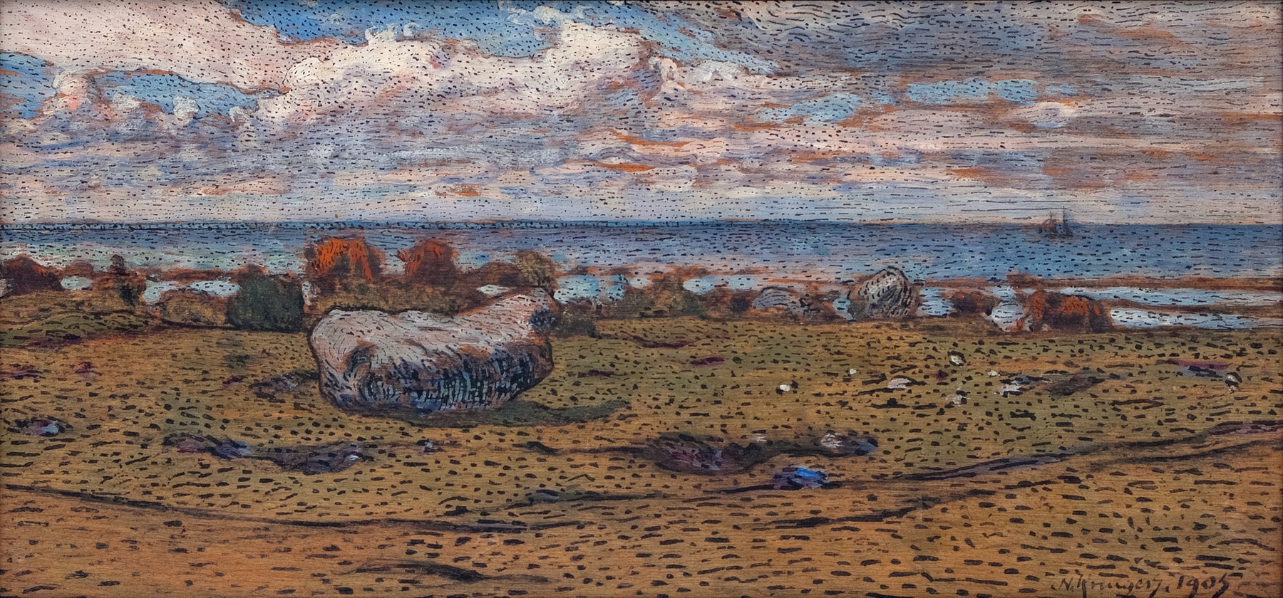 Stones on the beach in an oil painting by Nils Kreuger