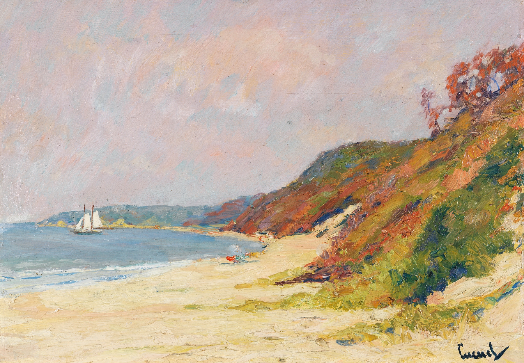 The Beach at Rocky Point, Long Island by Edward Cucuel, oil on canvas depicting a sunny beach with figures and gentle waves.