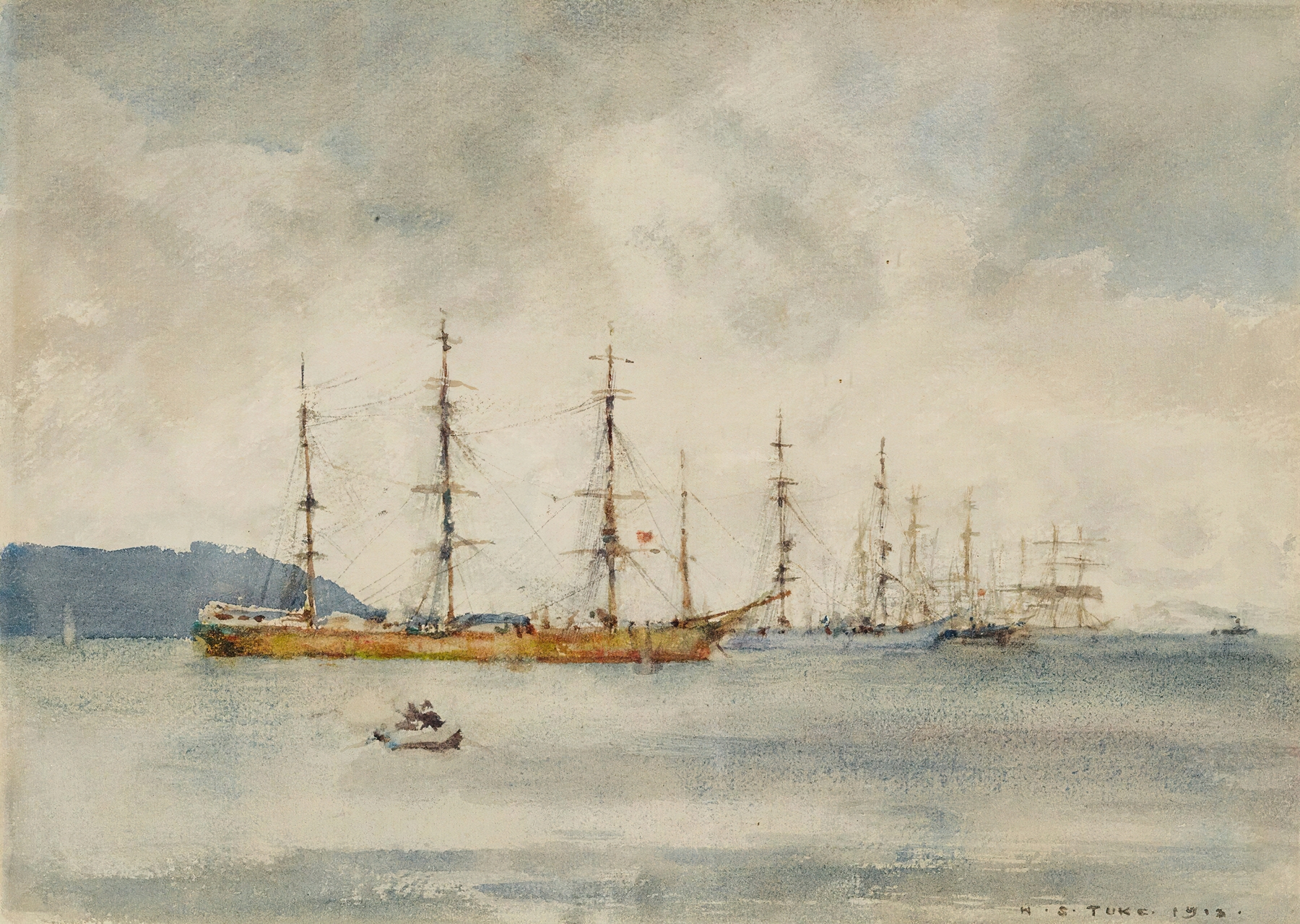 Windjammers In Falmouth Harbour, by Henry Scott Tuke, public domain