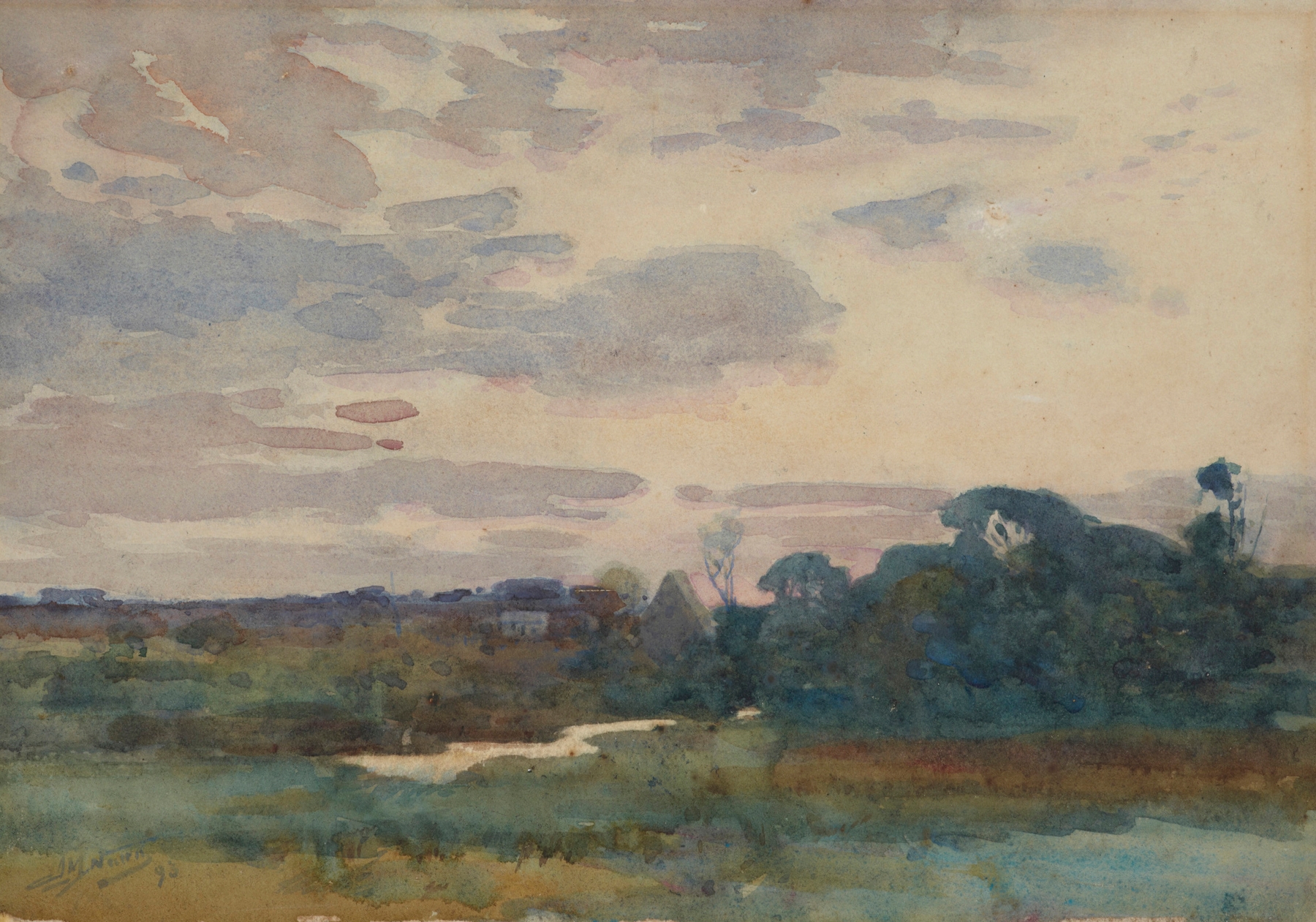 Evening by James Nair, oil on canvas depicting a sunset landscape with vibrant colors.