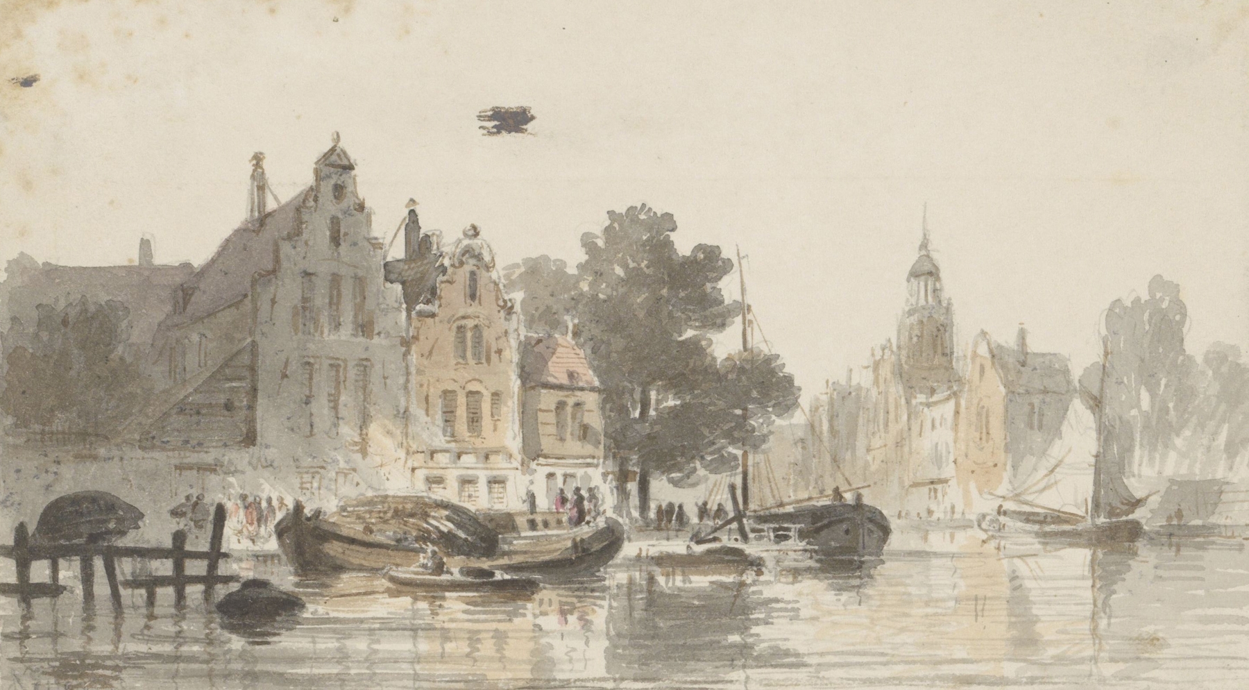 Stadsgezicht met kanaal by Adrianus Eversen, depicting a canal and cityscape in oil painting.