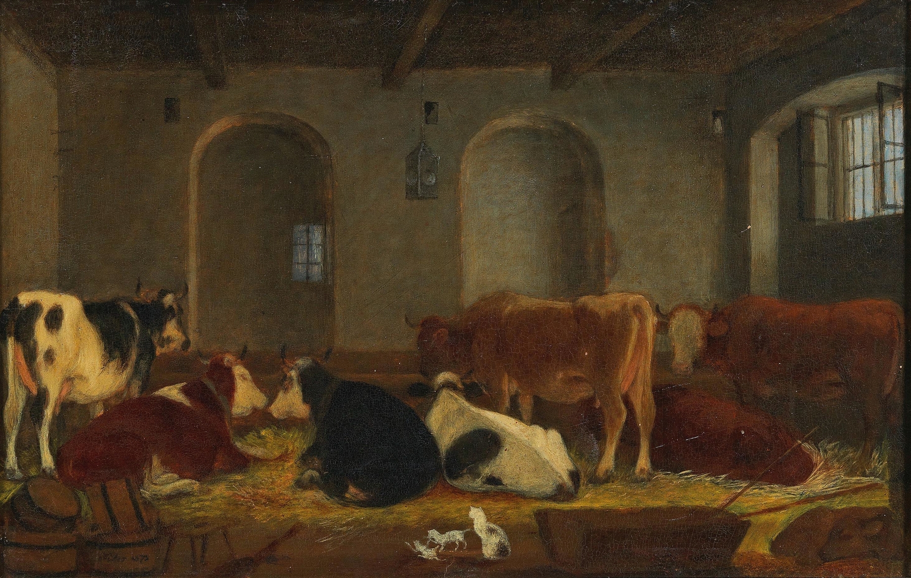 Interior scene in Kuhstall by Michael Neder, oil on canvas, featuring a figure against a stone wall.