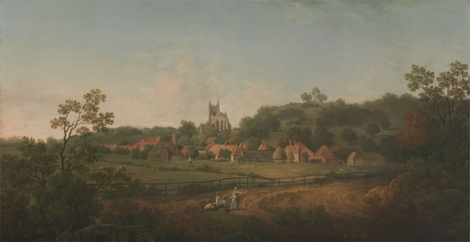 A distant view of Hythe village and church, oil on canvas by Arthur Nelson