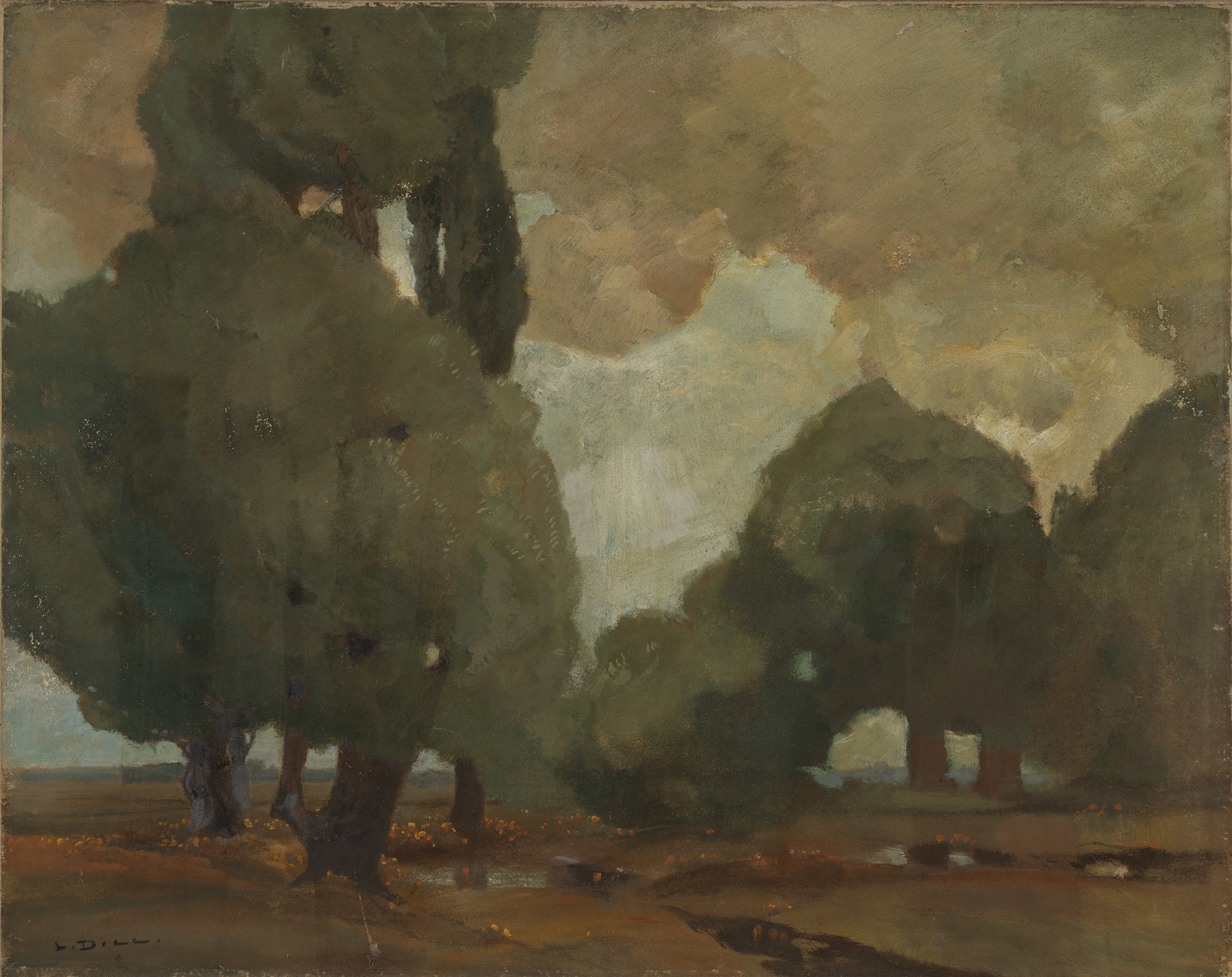 Landscape of a stormy sky over a marsh, oil painting by Ludwig Dill