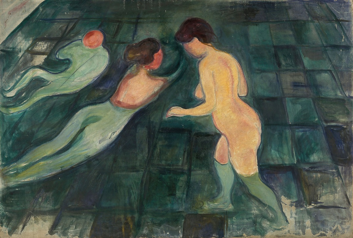 A painting of women bathing in a serene setting.
