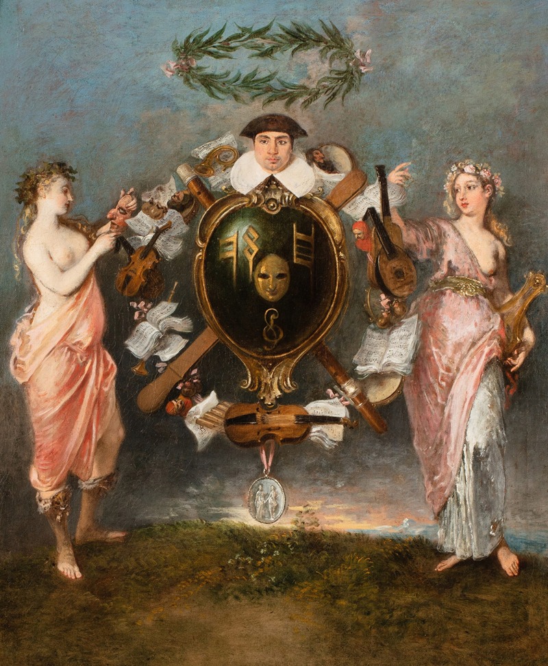 A vibrant allegorical painting depicting the union of music and comedy.