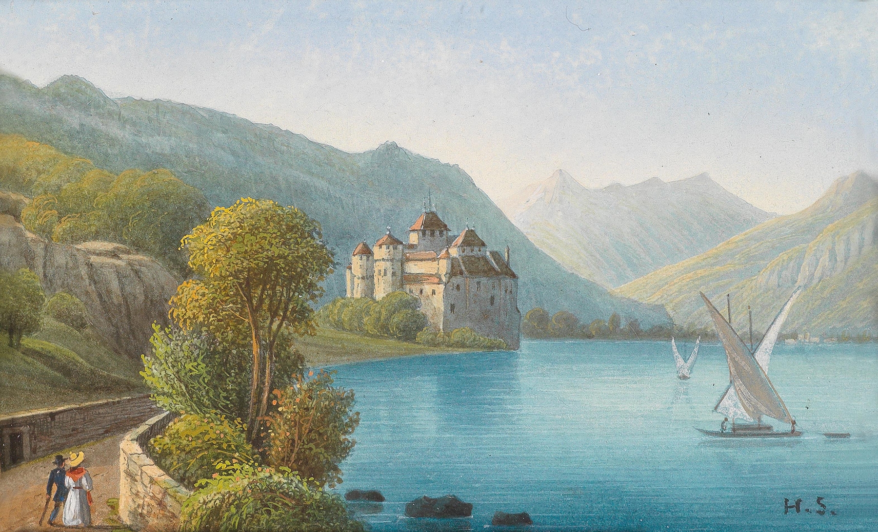 Blick auf Schloss Chillon am Genfer See, by Hubert Sattler, public domain