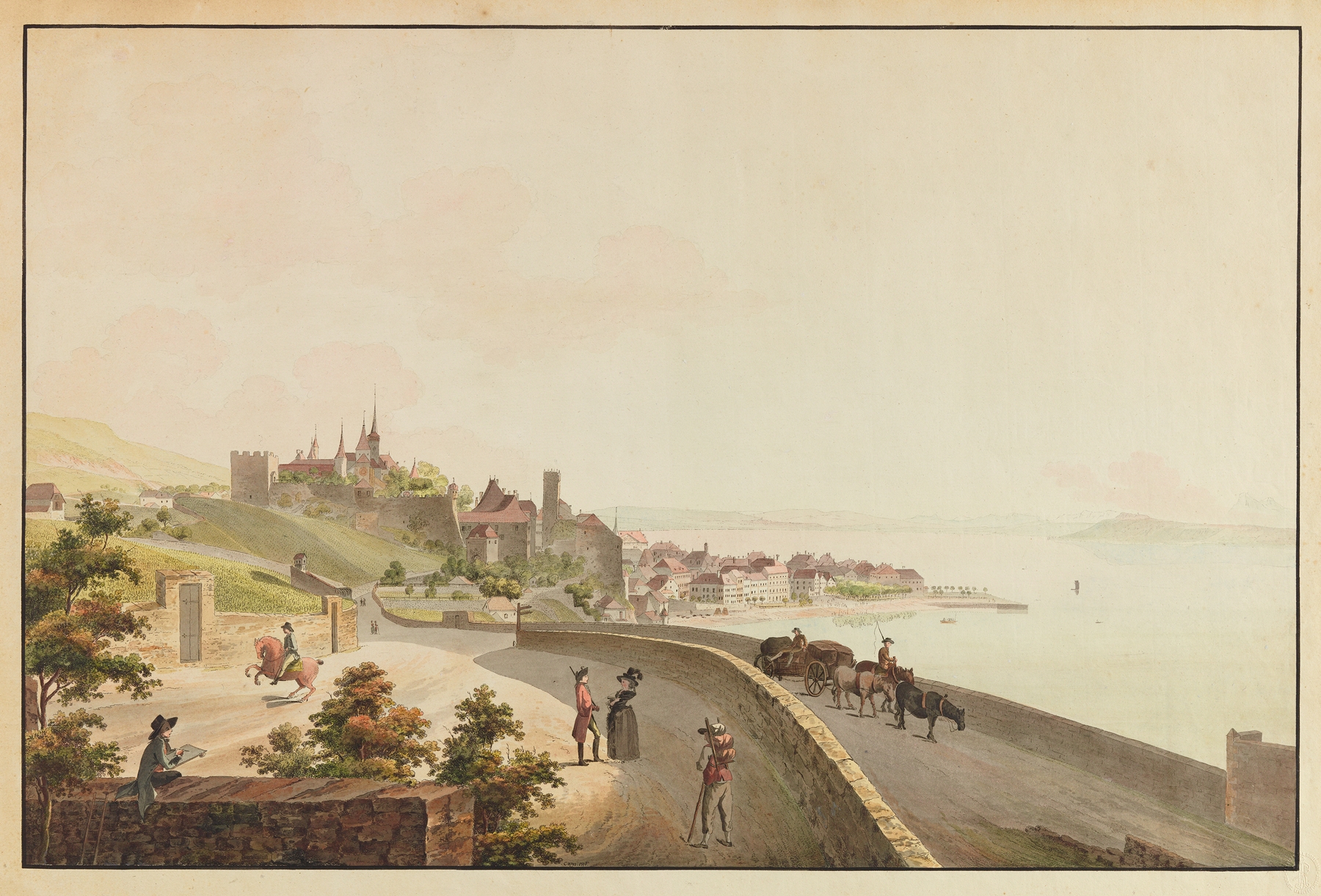 Landscape oil painting by Caspar Leontius Wyss depicting a sunrise over a horizon.