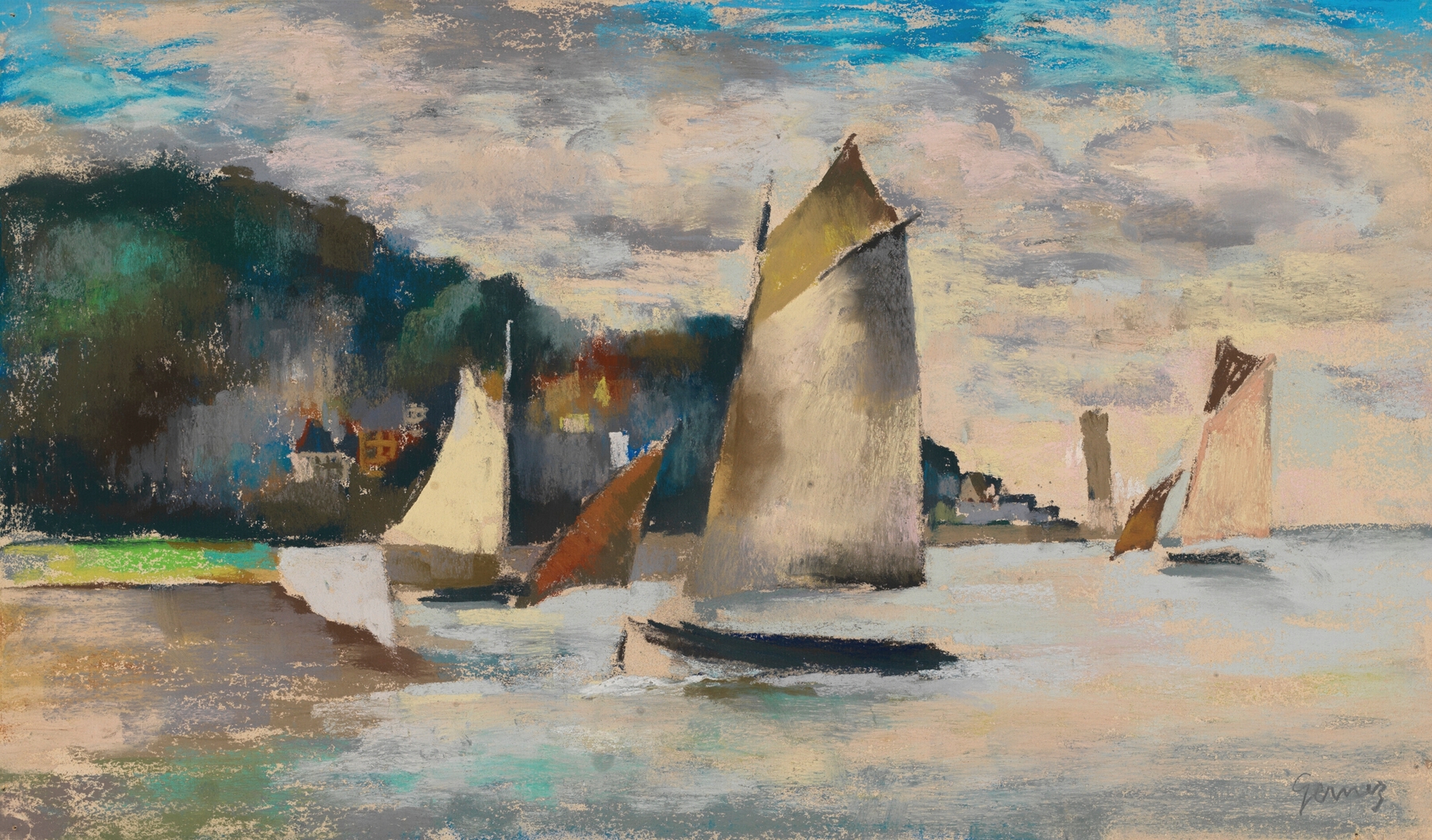 Oil on canvas by Paul-Elie Gernez depicting boats in a harbor at sunset.
