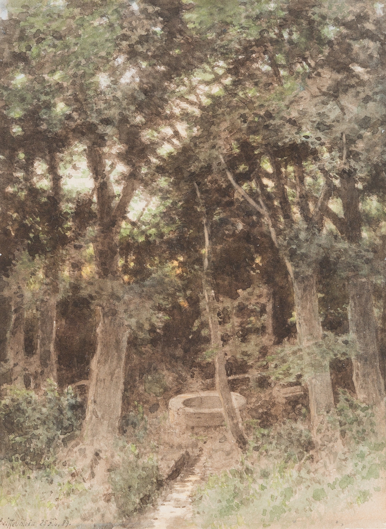 Wood With Well by Carl Theodor Reiffenstein, oil painting depicting a mysterious well in a woodland setting.
