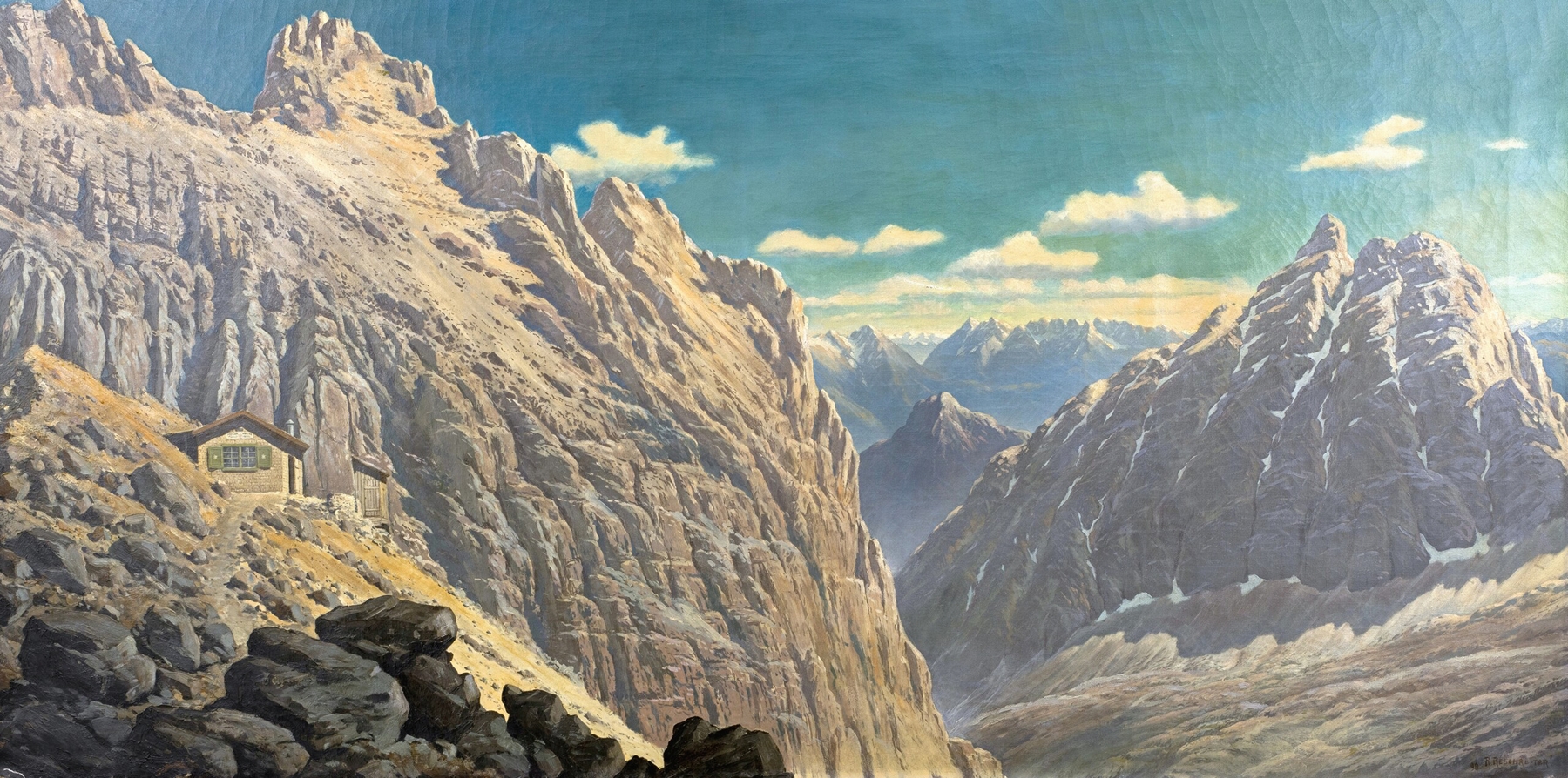 Landscape featuring a hut in the Wettersteingebirge by Rudolf Reschreiter, oil painting
